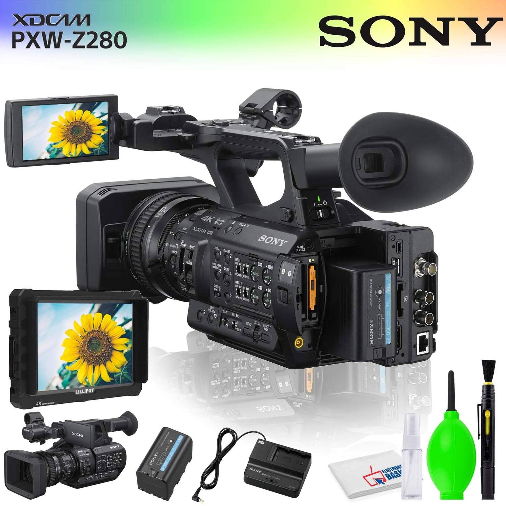 Sony PXW-Z280 4K 3-CMOS 1/2" Sensor XDCAM Camcorder Accessory Bundle with 7" Monitor and Cleaning Kit Sony