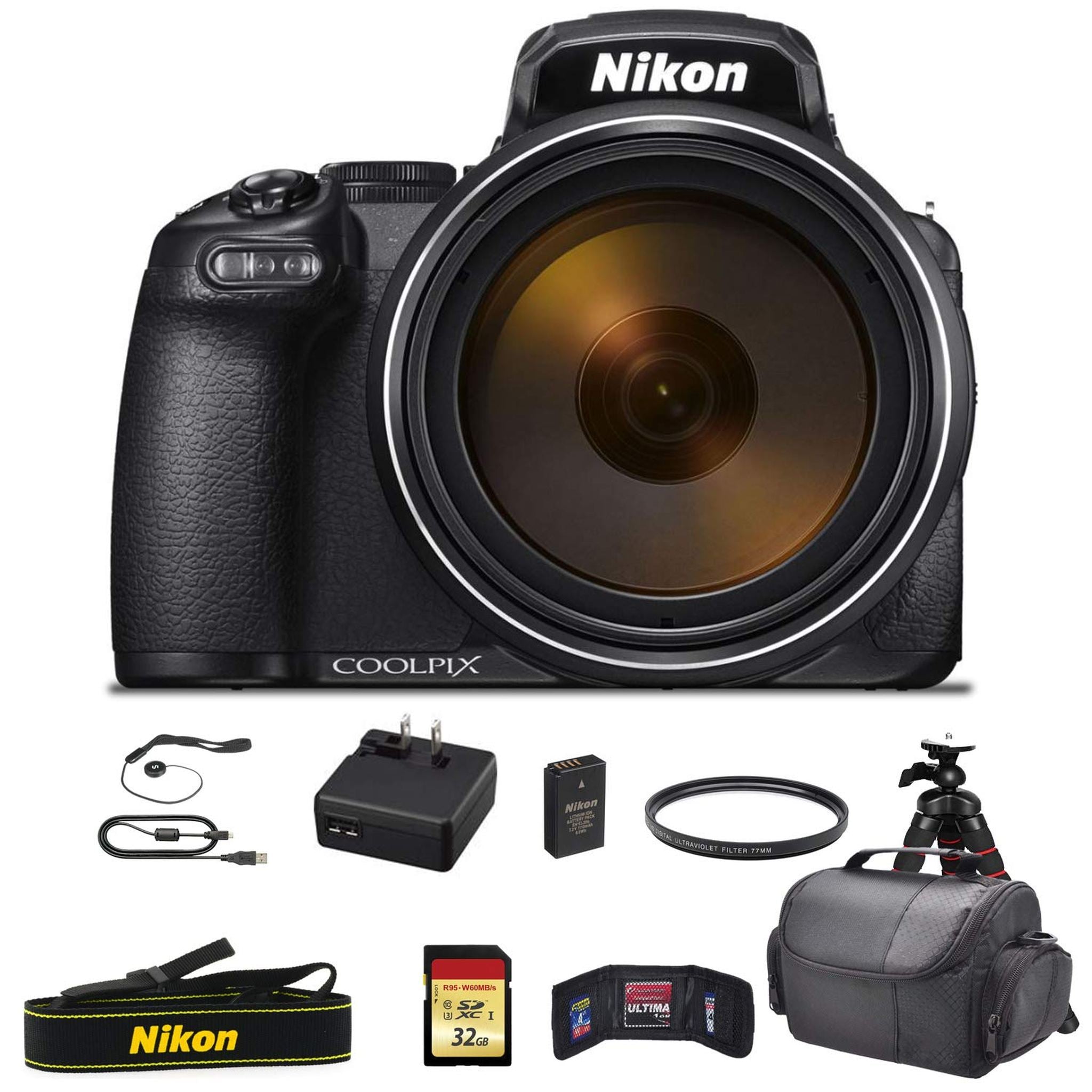 Nikon COOLPIX P1000 16.7 Digital Camera with 3.2" LCD, Black - Bundle Kit with 32GB Memory Card + UV Filter + More - Int Nikon