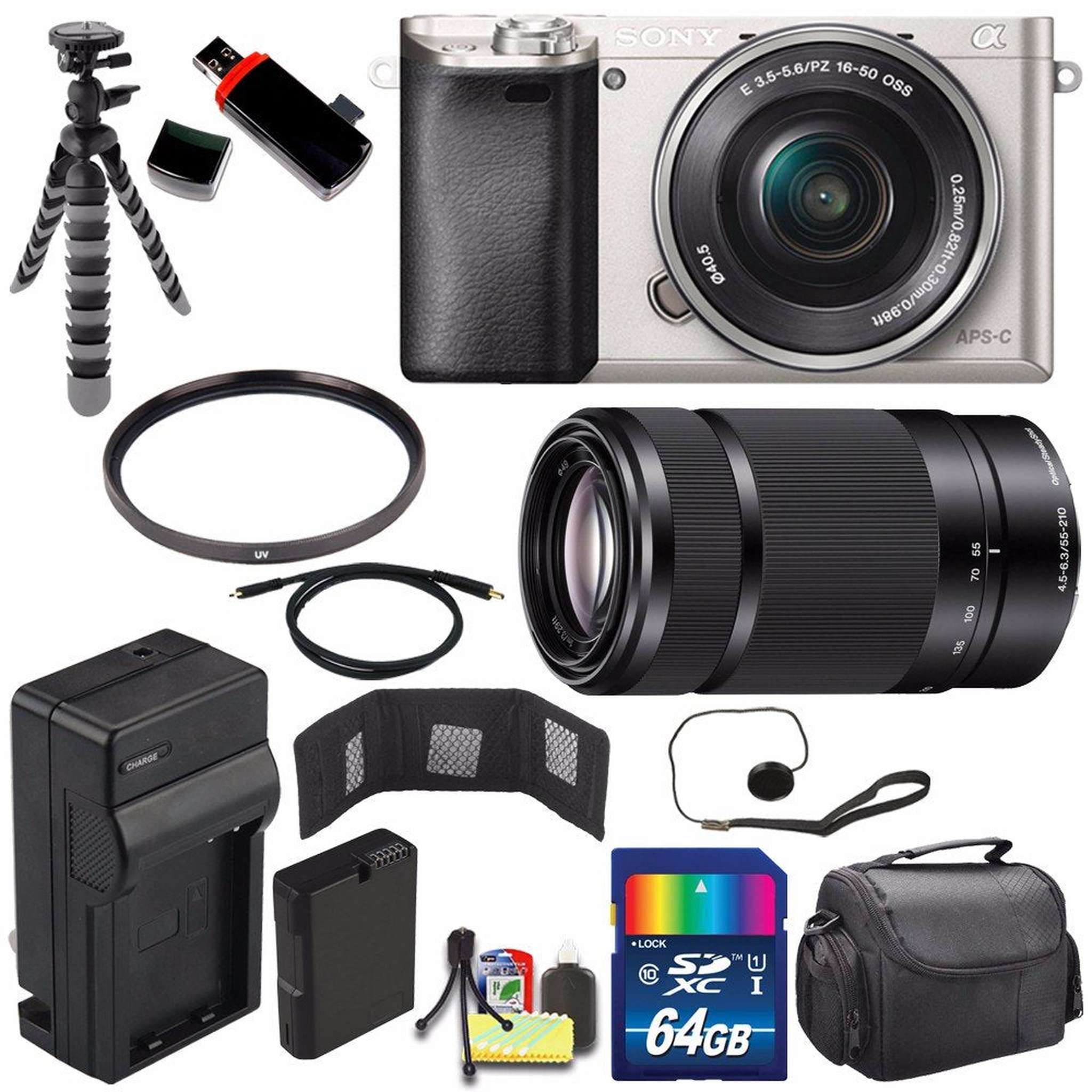 Sony Alpha a6000 Mirrorless Digital Camera with 16-50mm Lens Silver + Sony E 55-210mm f/4.5-6.3 OSS E-Mount Lens 64GB - Used Sony