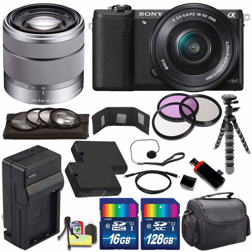 Sony Alpha a5100 Mirrorless Digital Camera with 16-50mm Lens Black + Sony SEL 1855 18-55mm Zoom Lens + 144GB Bundle 16 Sony