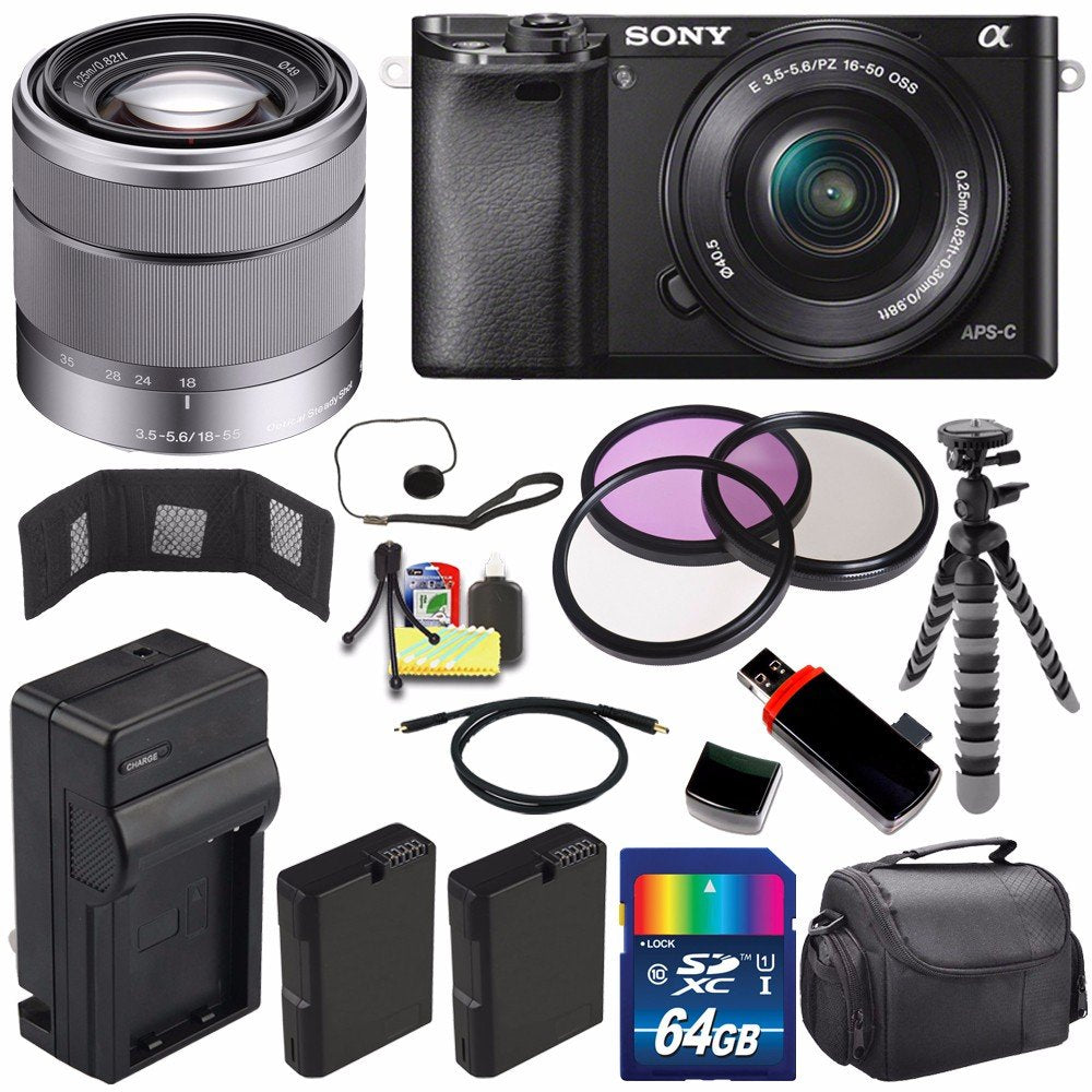 Sony Alpha a6000 Mirrorless Digital Camera with 16-50mm Lens Black + Sony SEL 1855 18-55mm Zoom Lens + 64GB Bundle 15 Sony