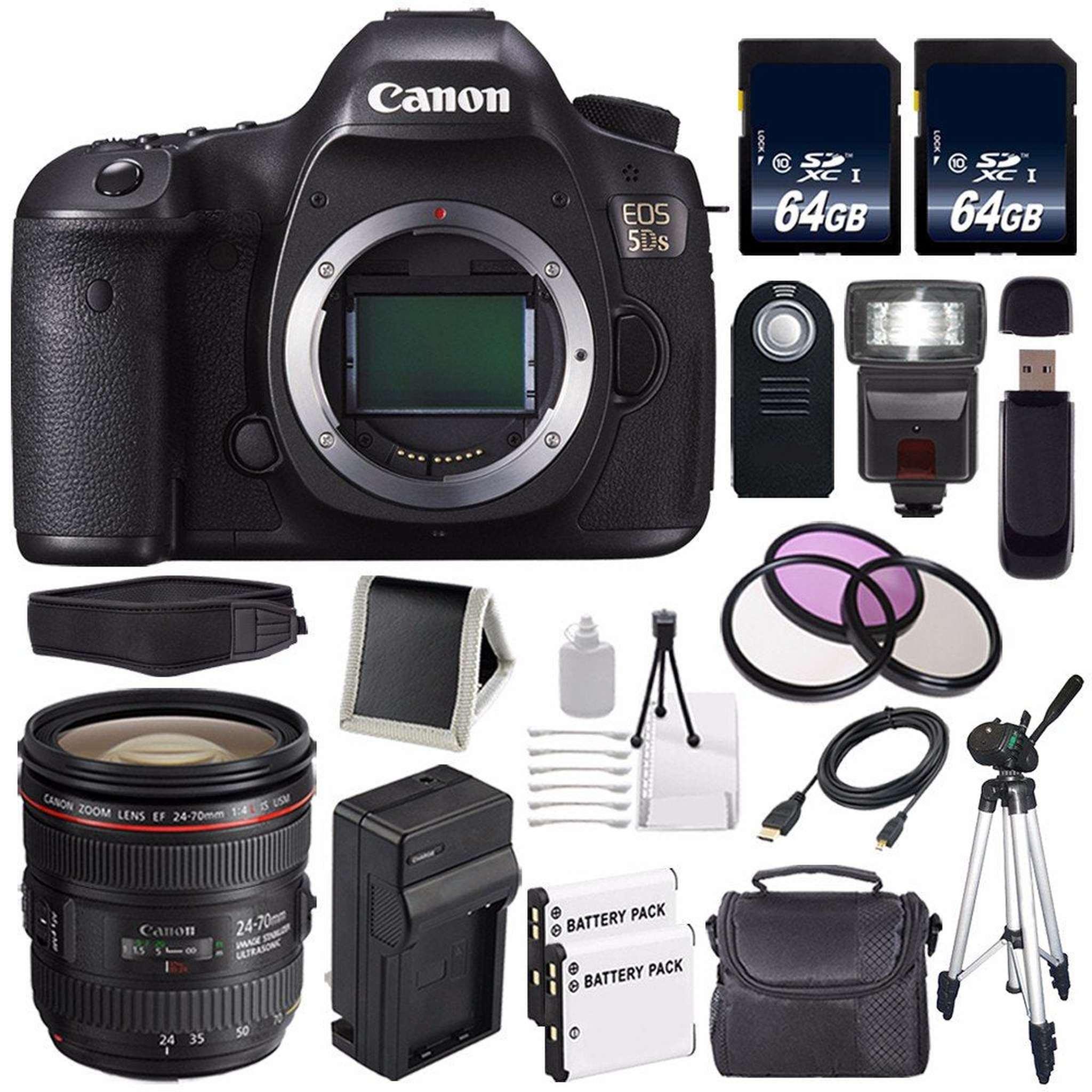 Canon EOS 5DS DSLR Camera International Model 0581C002 + Canon EF 24-70mm f/4L is USM Lens + LP-E6 Battery + 64GB Card Storage Bundle Canon