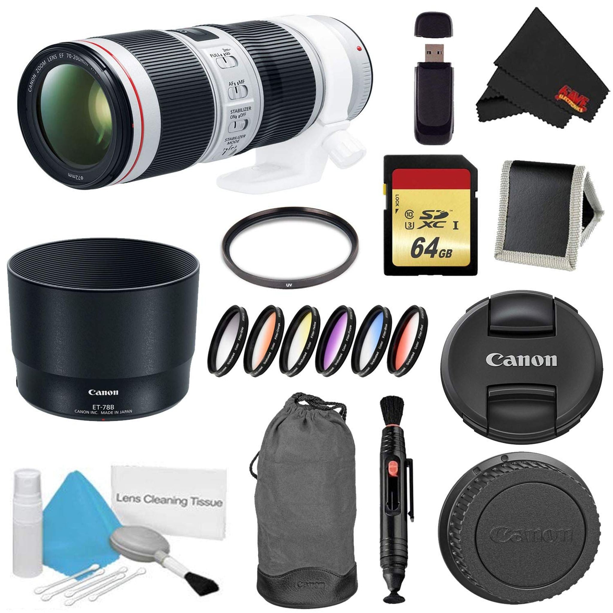 Canon EF 70-200mm f/4L is II USM Lens Bundle w/ 64GB Memory Card + Accessories, UV Filter Color Multicoated 6 Piece Filt Canon