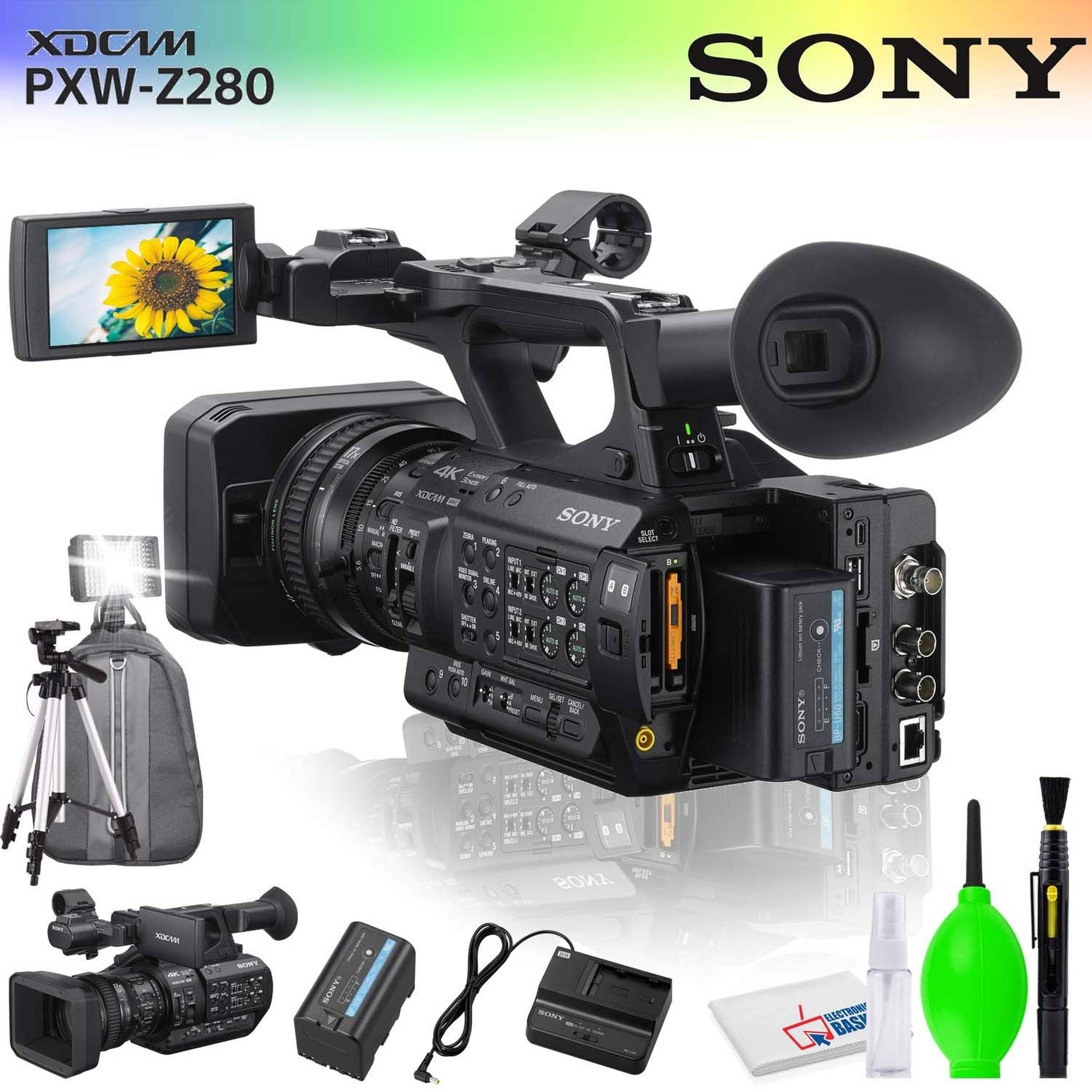 Sony PXW-Z280 4K 3-CMOS 1/2" Sensor XDCAM Camcorder Accessory Bundle with Backpack, Tripod, LED Light and Cleaning Kit Sony