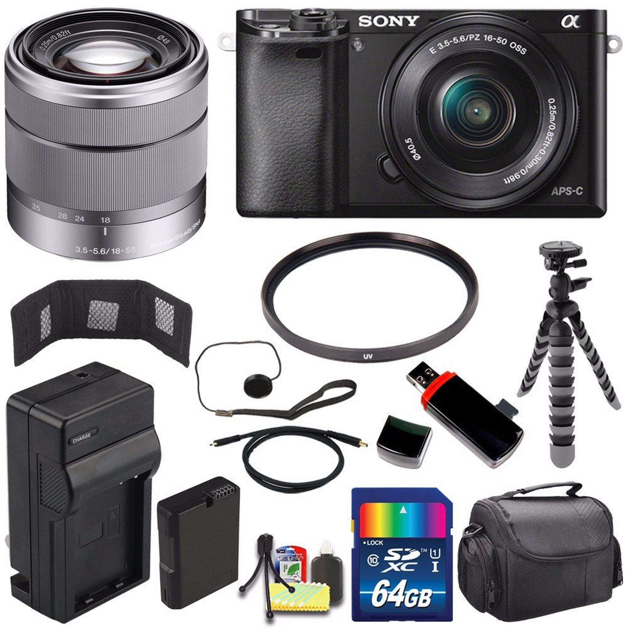 Sony Alpha a6000 Mirrorless Digital Camera with 16-50mm Lens Black + Sony SEL 1855 18-55mm Zoom Lens + 64GB Bundle 12 Sony
