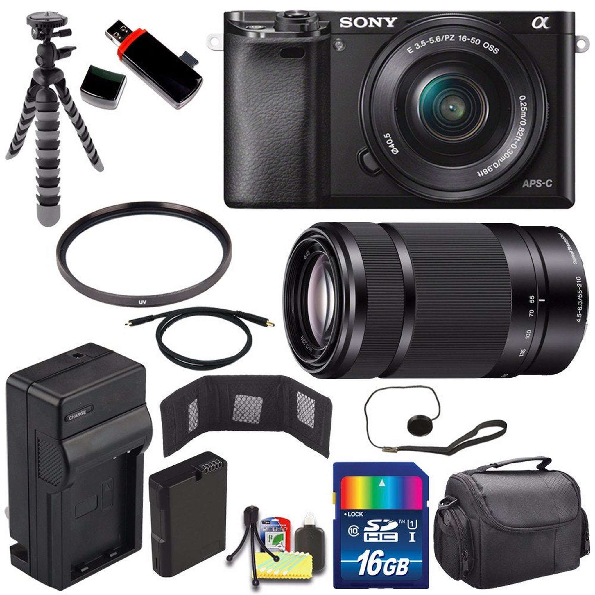 Sony Alpha a6000 Mirrorless Digital Camera with 16-50mm Lens Black + Sony E 55-210mm f/4.5-6.3 OSS E-Mount Lens 16GB B - Used Sony