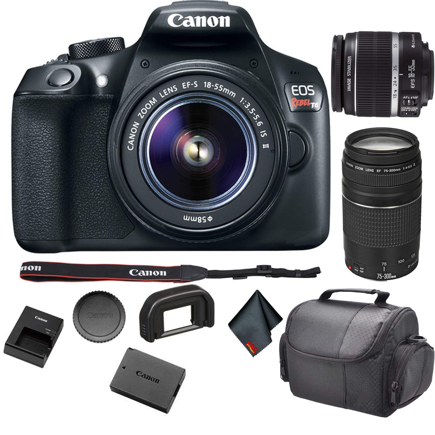 Canon EOS Rebel T6 DSLR Camera with 18-55mm Lens 1159C003 Bundle with Canon EF 75-300mm f/4-5.6 III Lens + More - Used
