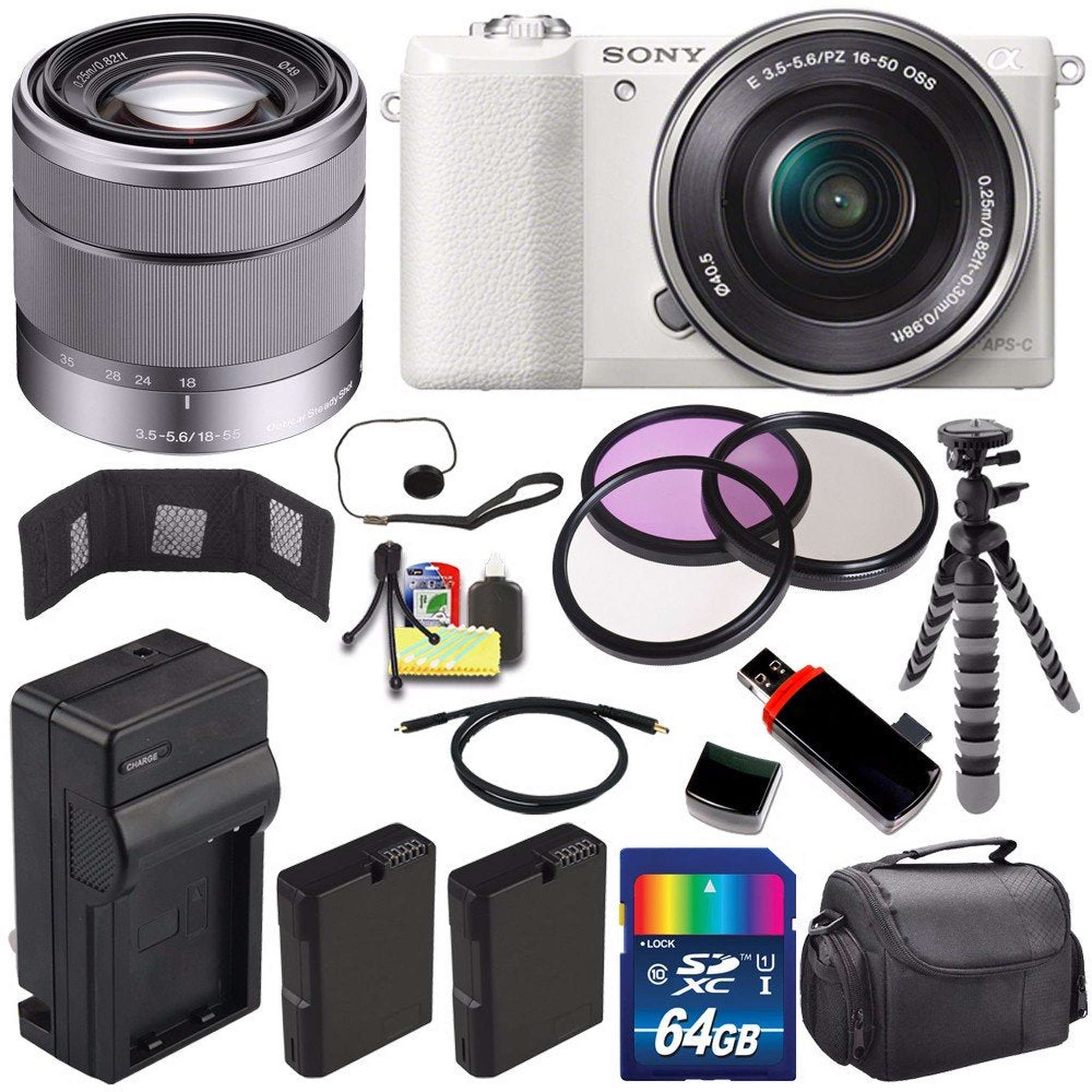 Sony Alpha a5100 Mirrorless Digital Camera with 16-50mm Lens White + Sony SEL 1855 18-55mm Zoom Lens + 64GB Bundle 15 Sony