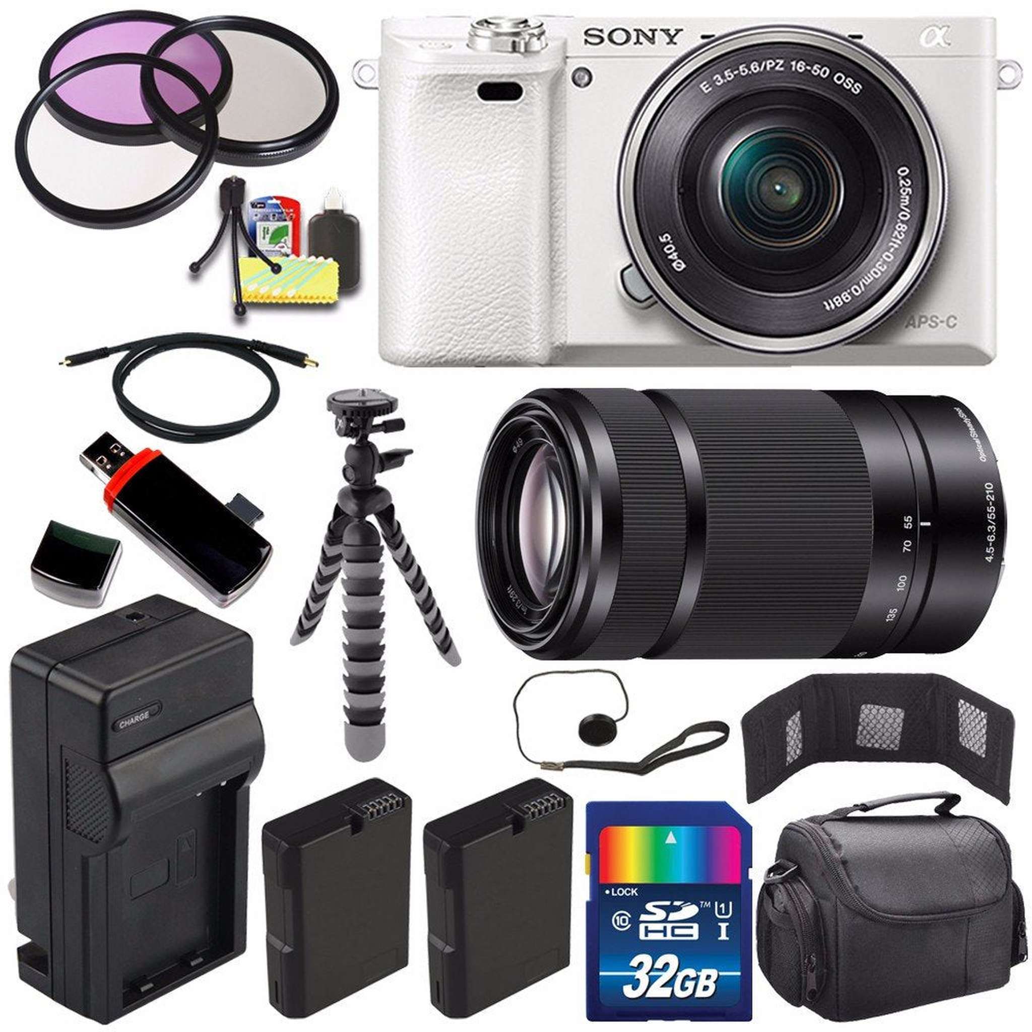 Sony Alpha a6000 Mirrorless Digital Camera with 16-50mm Lens White + Sony E 55-210mm f/4.5-6.3 OSS E-Mount Lens 32GB B - Used Sony