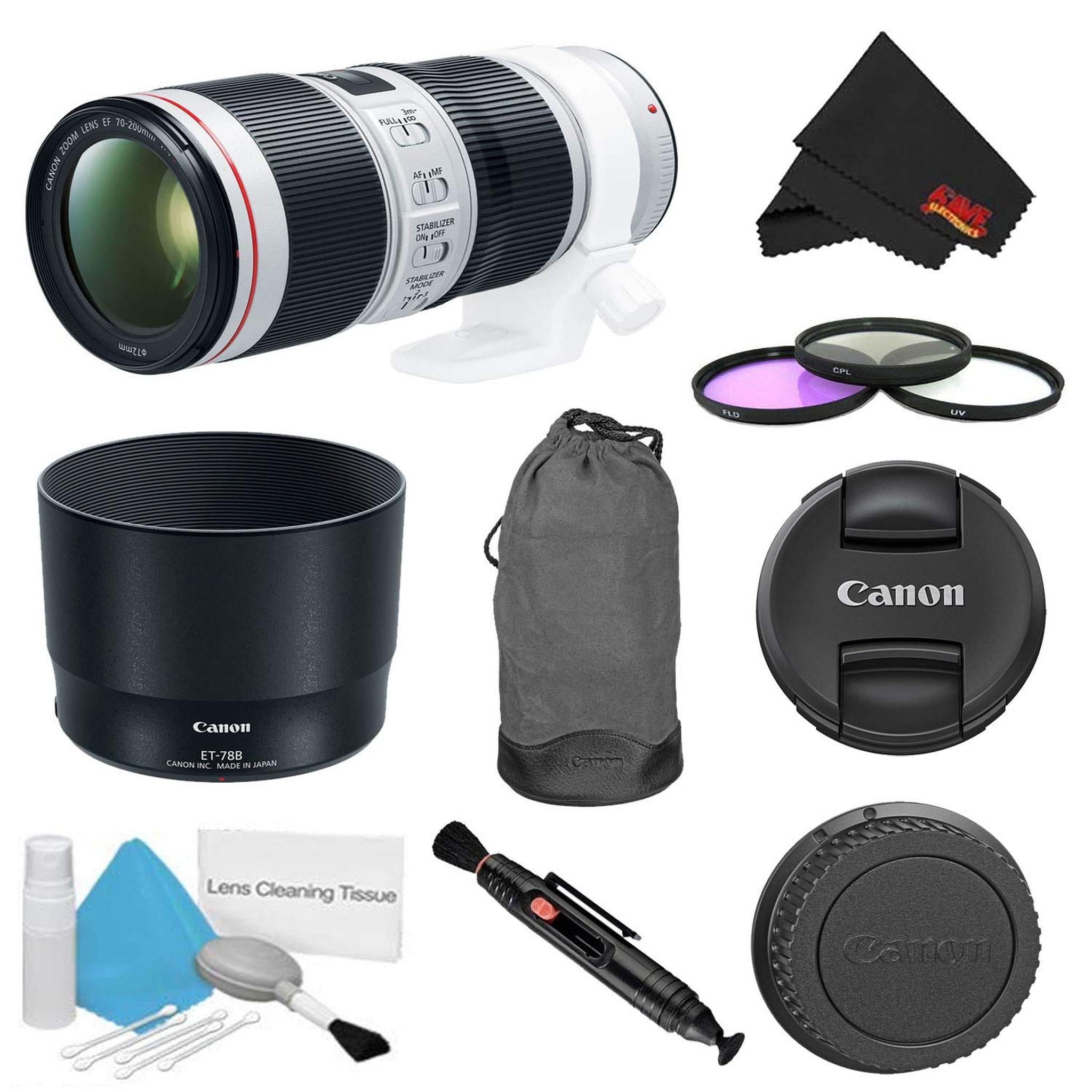 Canon EF 70-200mm f/4L is II USM Lens Bundle w/ 3 Piece Filter Kit International Model Canon