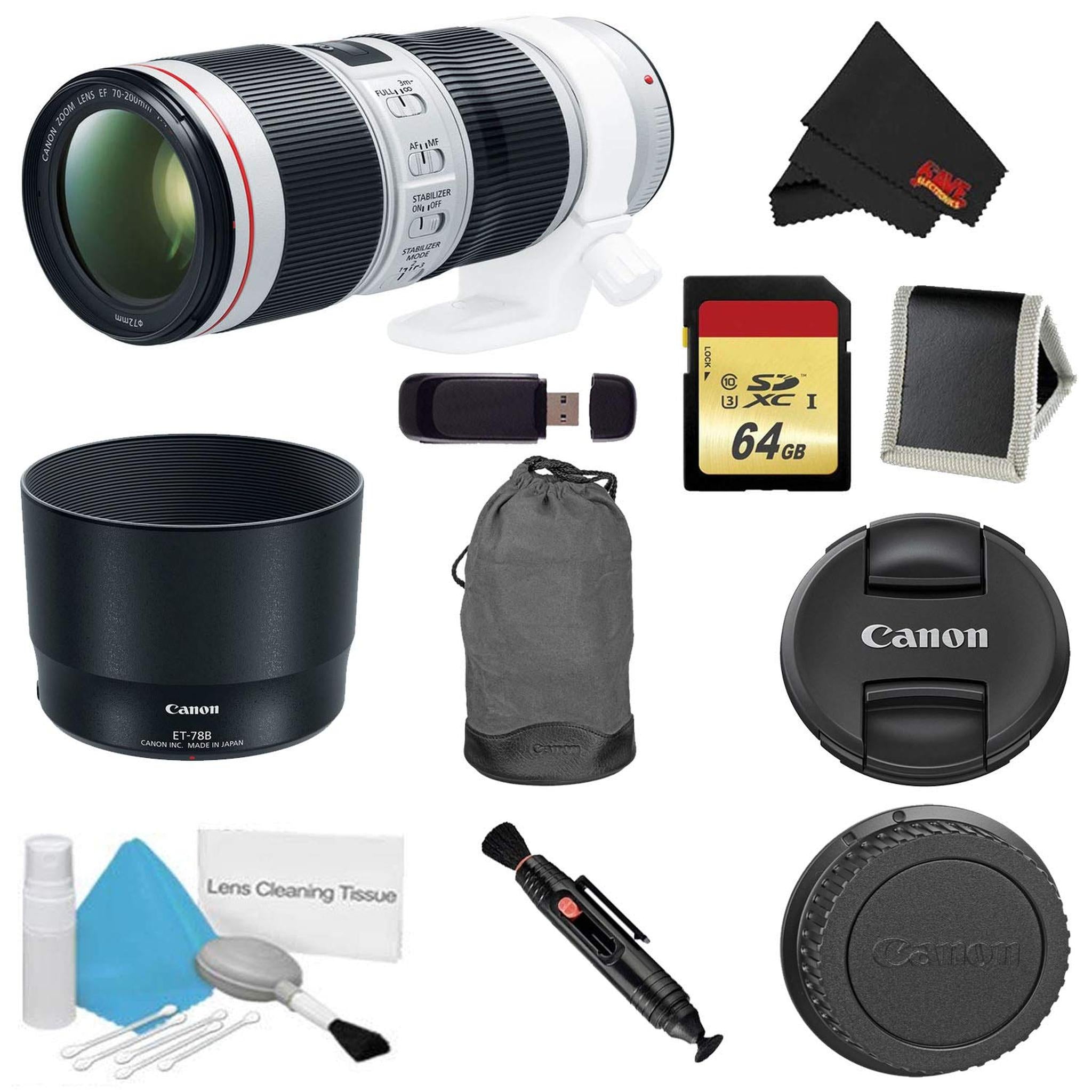 Canon EF 70-200mm f/4L is II USM Lens Bundle w/ 64GB Memory Card + Accessories International Model Canon