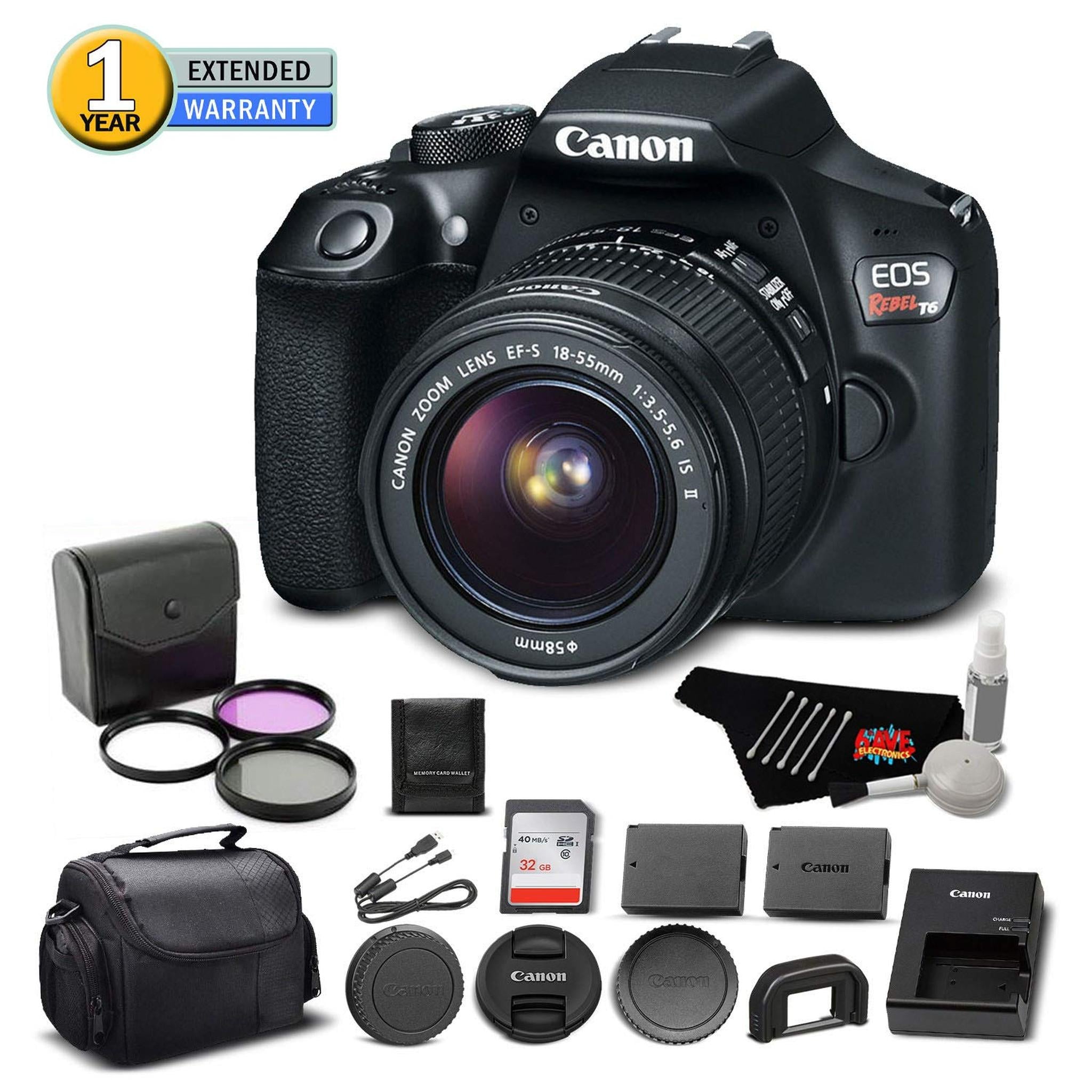 Canon EOS Rebel T6 Digital SLR Camera 1159C003 Bundle with 18-55mm f/3.5-5.6 is II Lens with 32GB Memory Card + More - Used