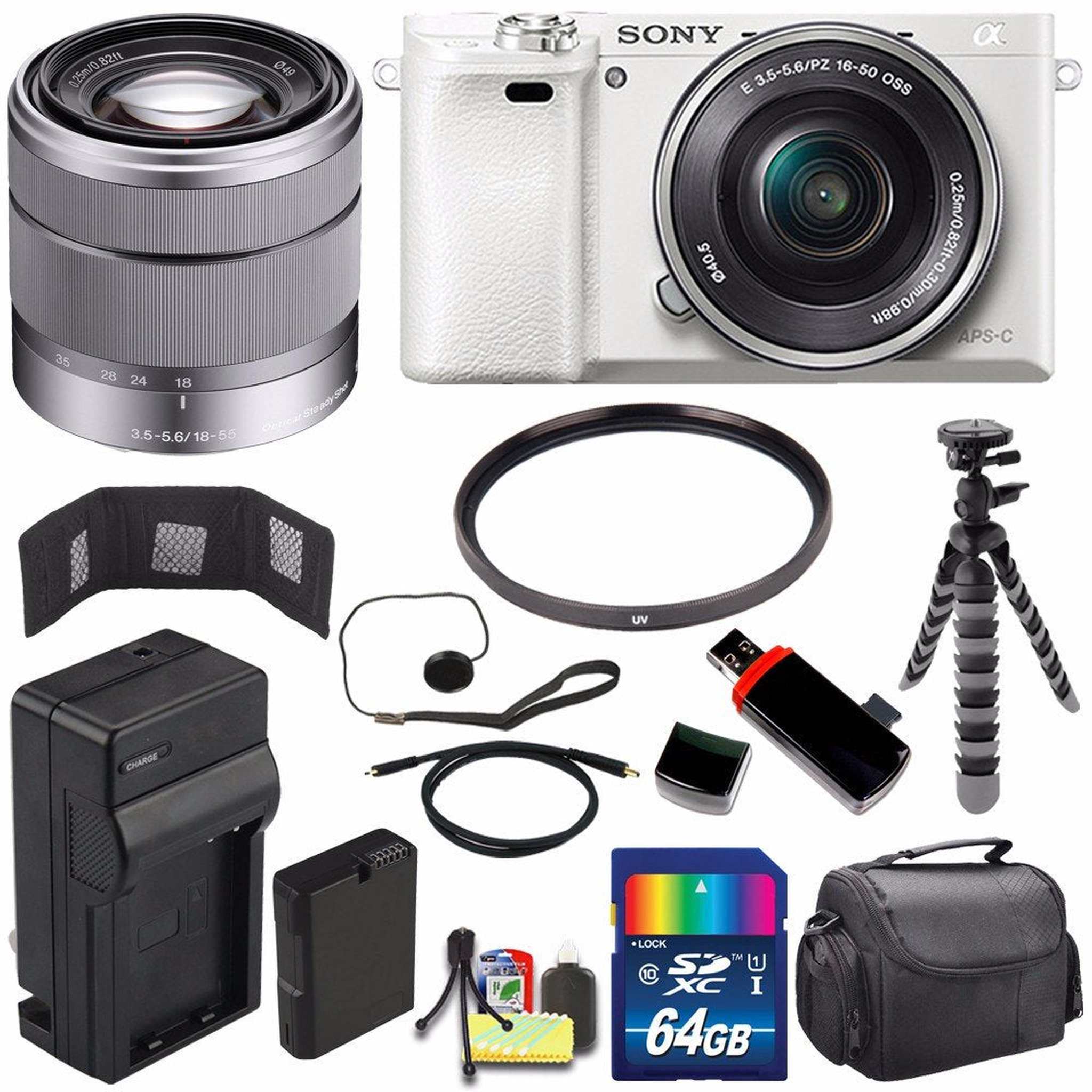 Sony Alpha a6000 Mirrorless Digital Camera with 16-50mm Lens White + Sony SEL 1855 18-55mm Zoom Lens + 64GB Bundle 12 Sony