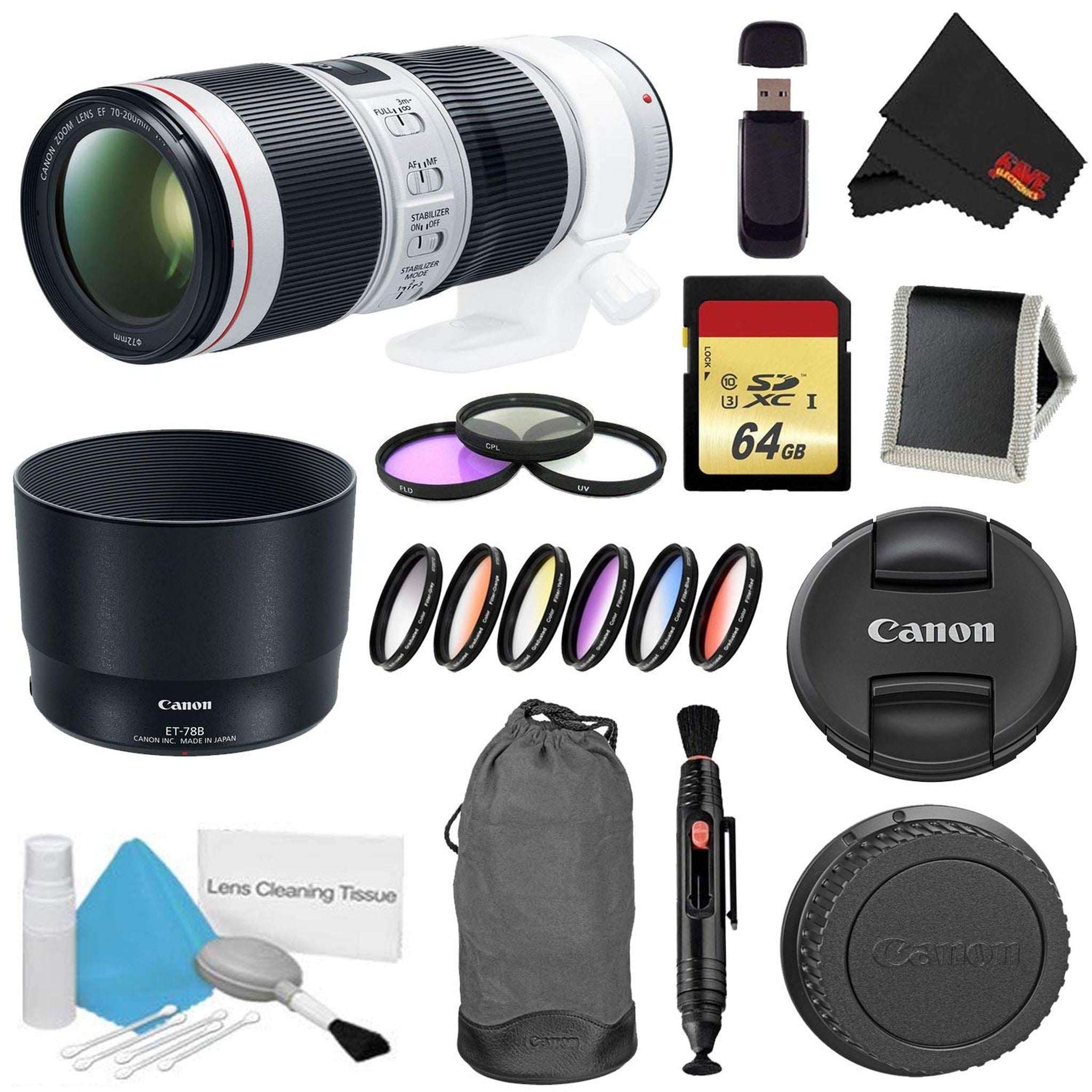 Canon EF 70-200mm f/4L is II USM Lens Bundle w/ 64GB Memory Card + Accessories, 3 Piece Filter Kit Color Multicoated 6 P Canon
