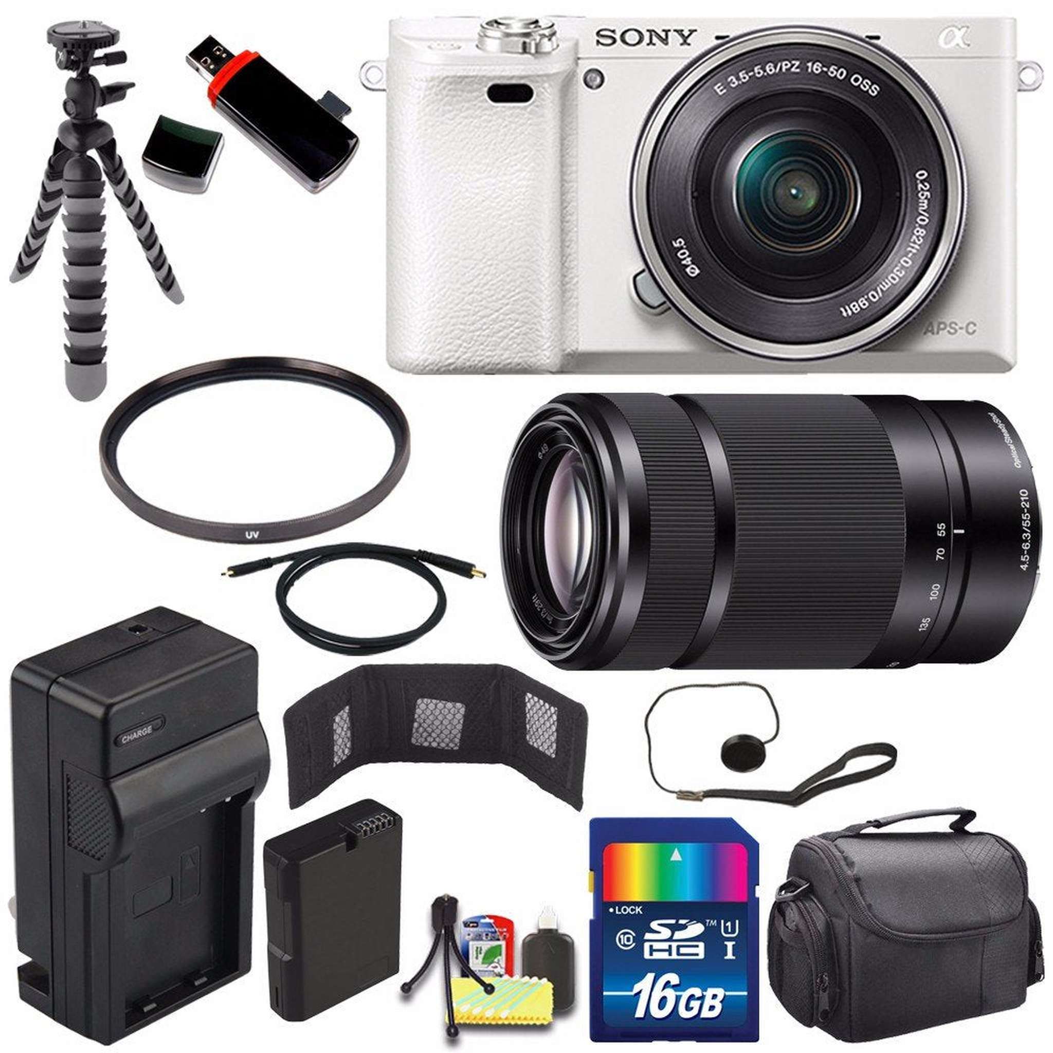 Sony Alpha a6000 Mirrorless Digital Camera with 16-50mm Lens White + Sony E 55-210mm f/4.5-6.3 OSS E-Mount Lens 16GB B - Used Sony