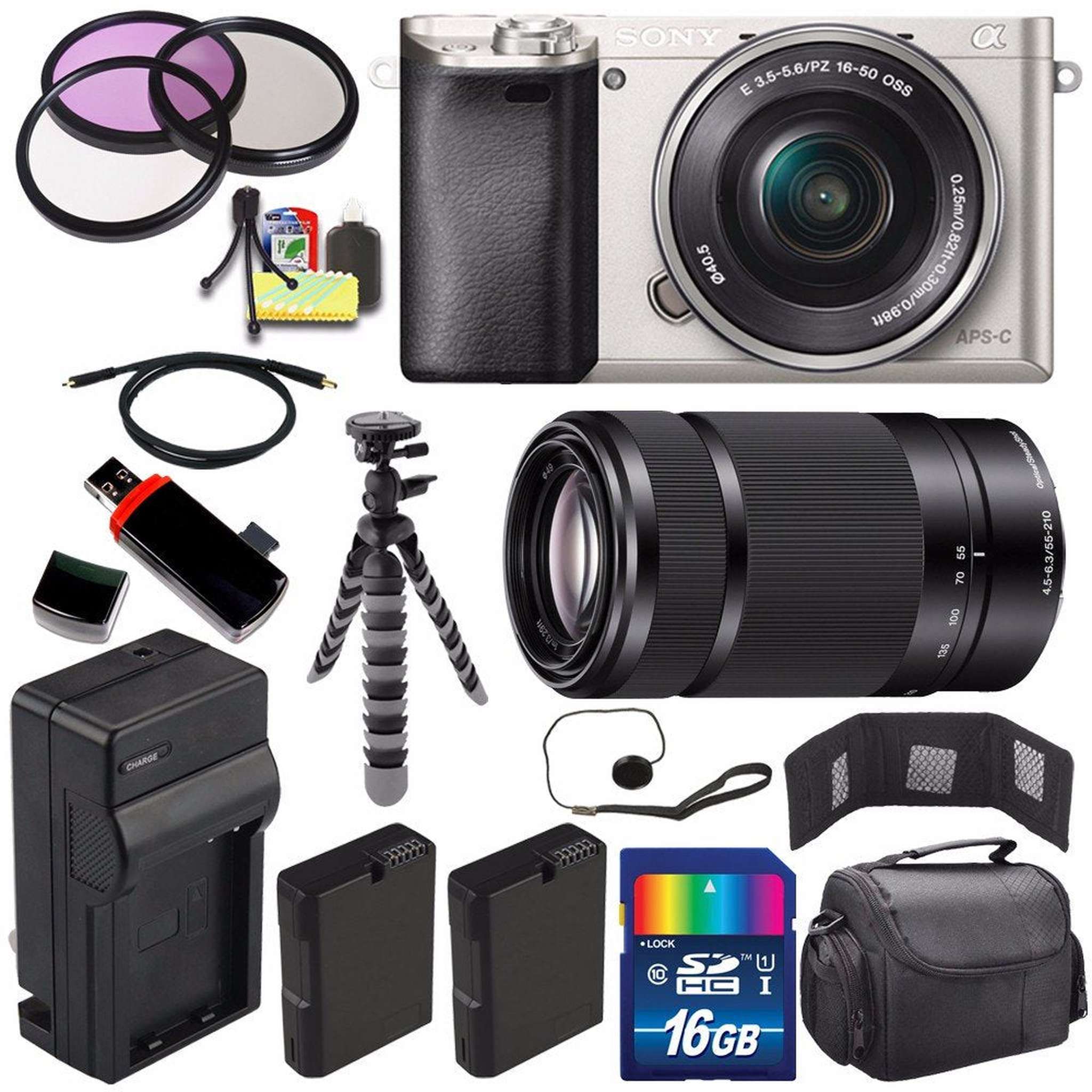 Sony Alpha a6000 Mirrorless Digital Camera with 16-50mm Lens Silver + Sony E 55-210mm f/4.5-6.3 OSS E-Mount Lens 16GB - Used Sony