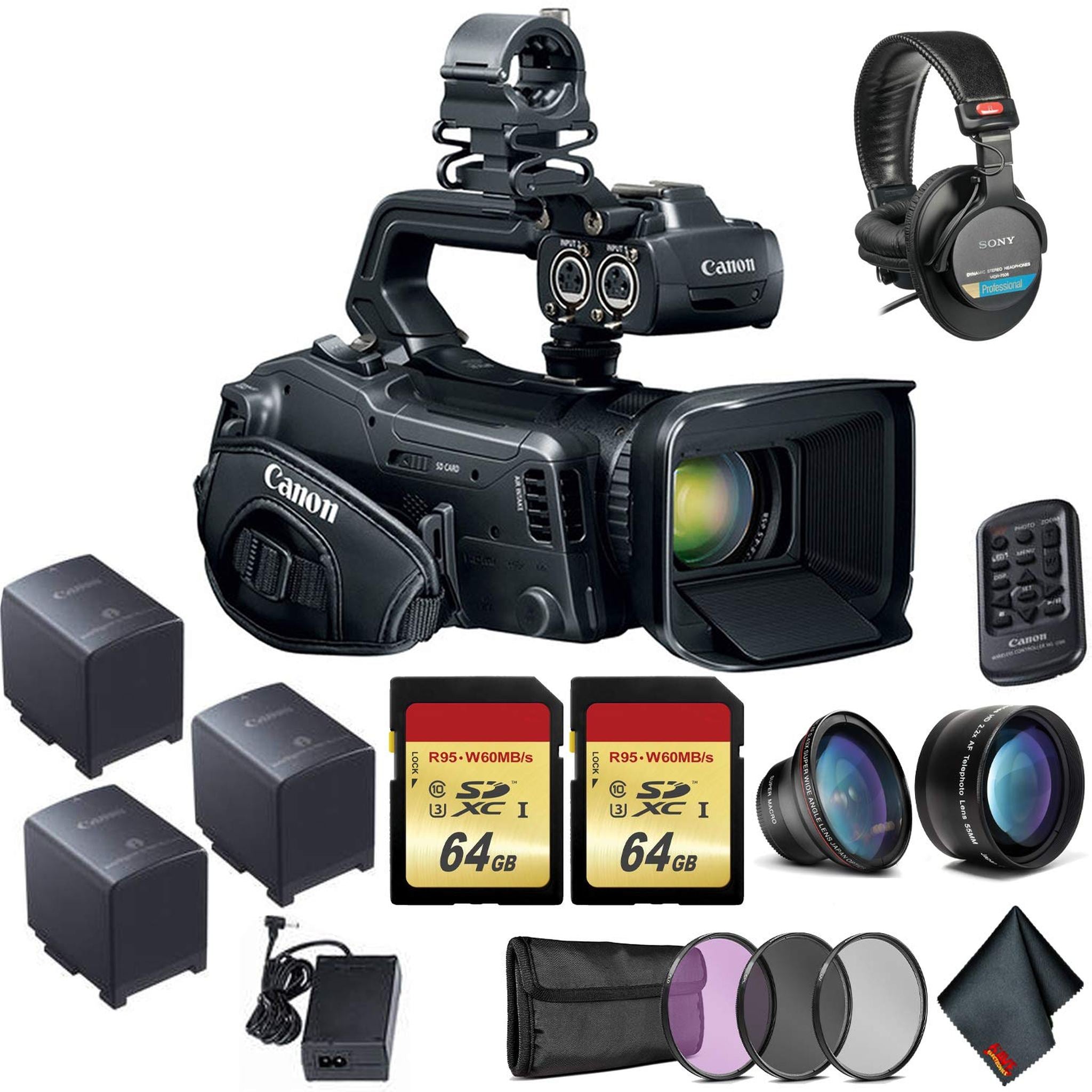 Canon XF405 UHD 4K60 Camcorder with Dual-Pixel Autofocus Bundle with 2X Canon Battery + 2x64 GB Memory Card+ Filter Kit