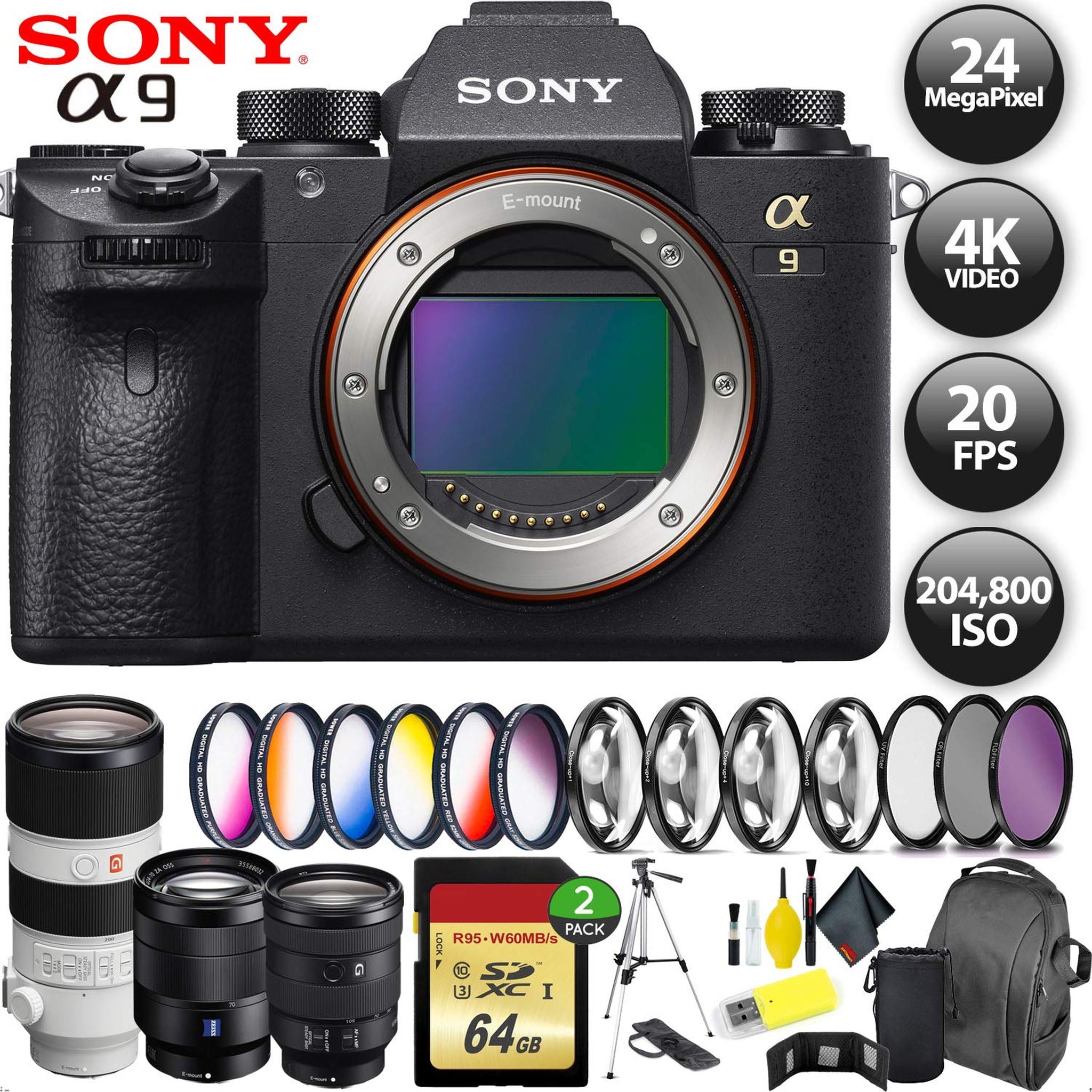 Sony Alpha a9 Mirrorless Digital Camera International Model + 256GB Memory + Sony 70-200mm + 24-105mm + 24-70mm 3 Lenses Sony
