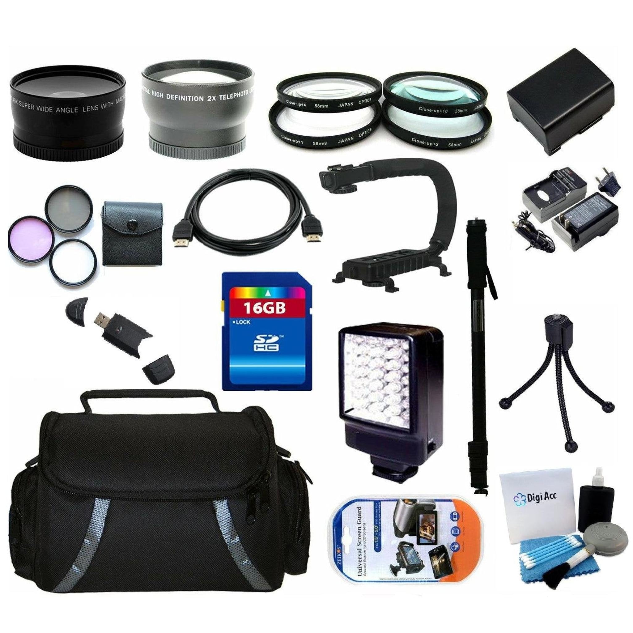 Advanced Accessory Kit Include Replacement Battery + Charger + 16GB Memory + Reader + Wide Angle Lens + Telephoto Lens + Filter Kit + Close UP Lens Kit + HDMI + Monopod + Flash Memory Camcorder 6ave