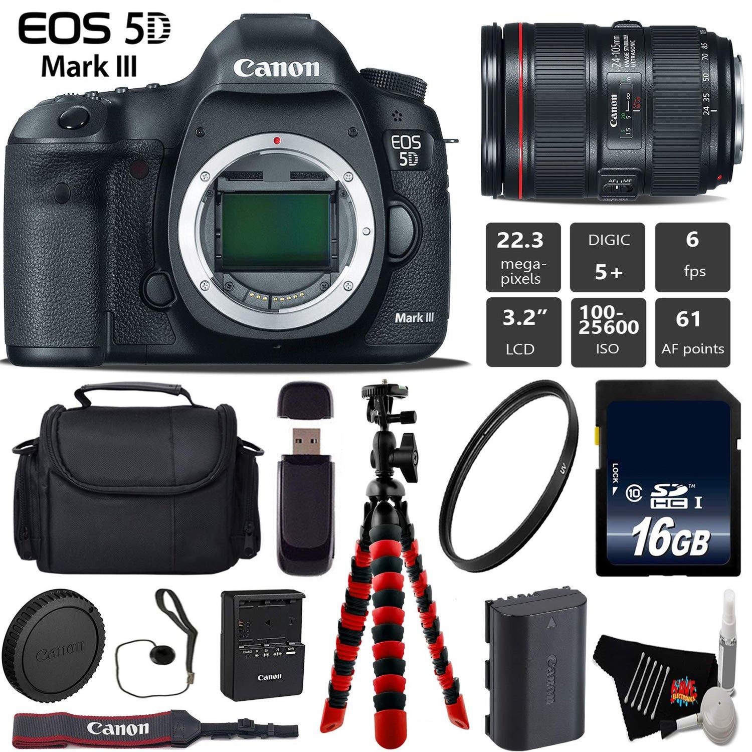 Canon EOS 5D Mark III DSLR Camera with 24-105mm f/4L II Lens + Wireless Remote + UV Protection Filter + Case + Wrist Str