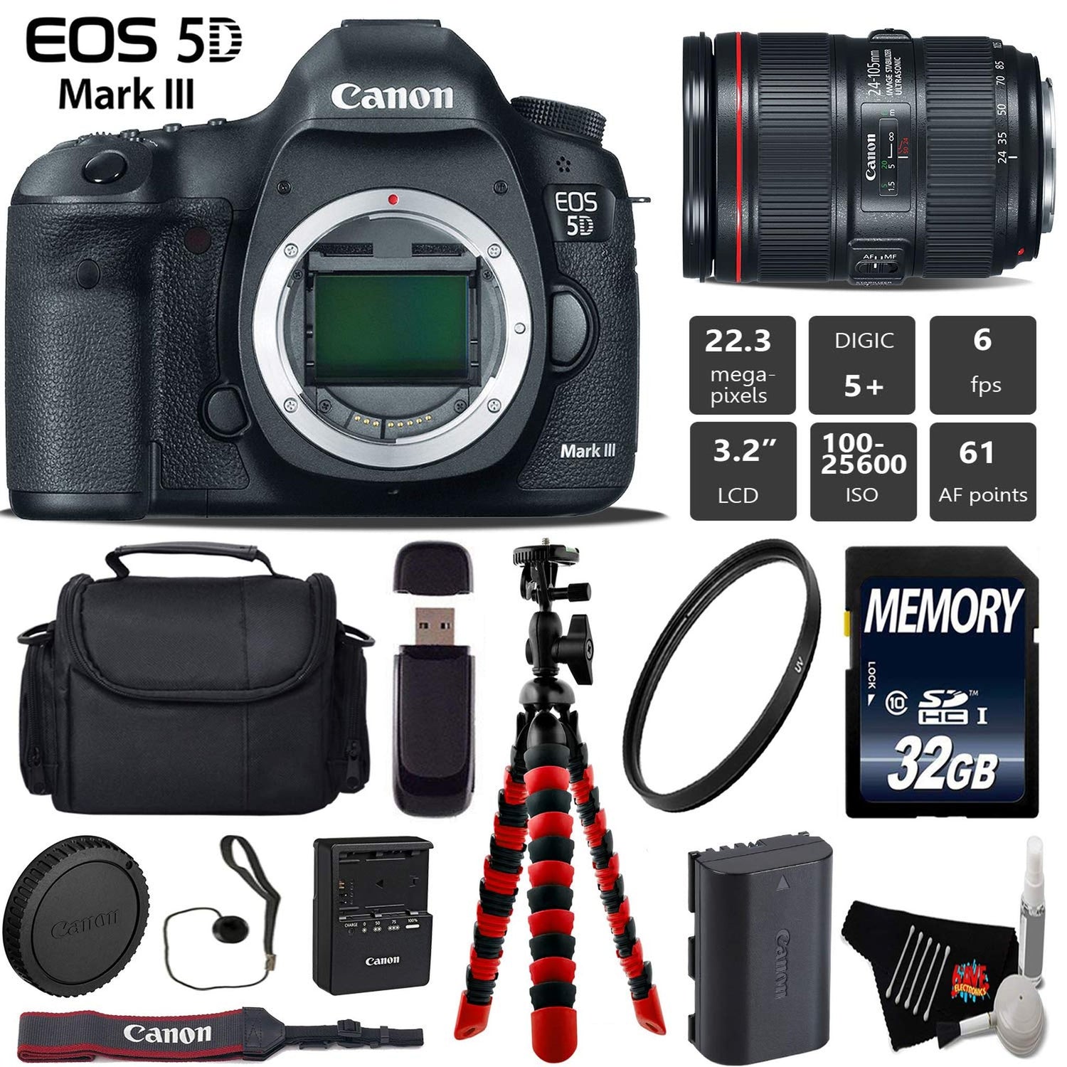Canon EOS 5D Mark III DSLR Camera with 24-105mm f/4L II Lens + Wireless Remote + UV Protection Filter + Case + Wrist Str