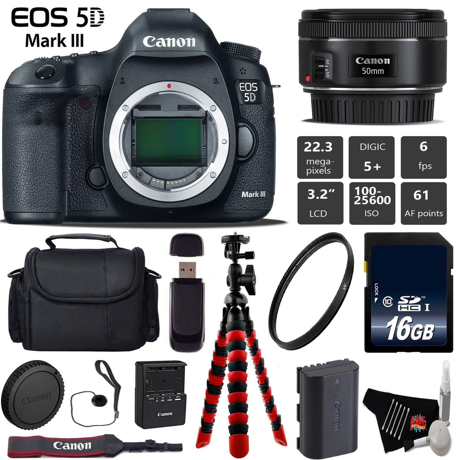 Canon EOS 5D Mark III DSLR Camera with 50mm f/1.8 STM Lens + Wireless Remote + UV Protection Filter + Case + Wrist Strap Base Bundle