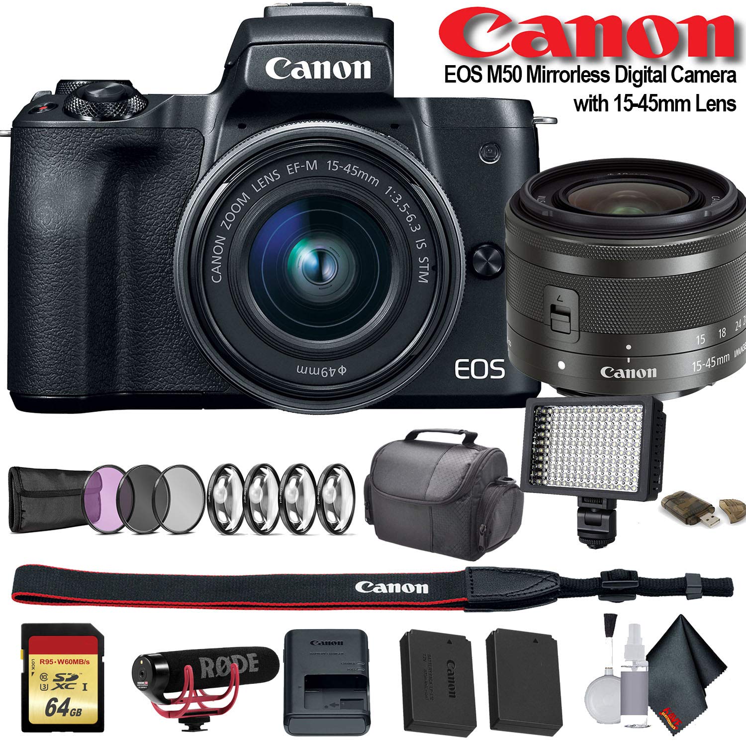 Canon EOS M50 Mirrorless Digital Camera with 15-45mm Lens (International Model) (2680C011) W/Bag, Extra Battery, LED Lig