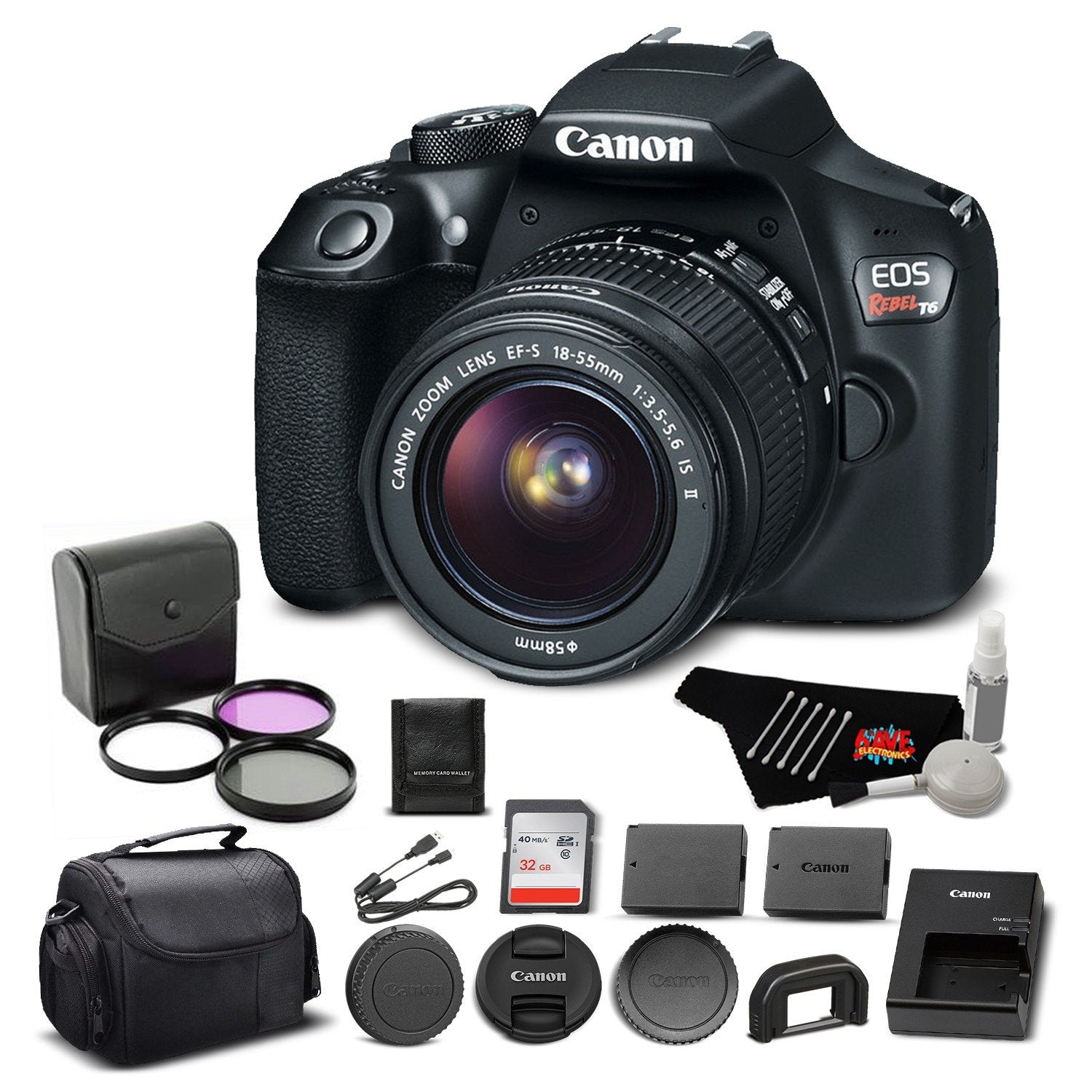 Canon EOS Rebel T6 DSLR Camera Bundle w/EF-S 18-55mm f/3.5-5.6 is II Lens with 32GB Memory Card - Used
