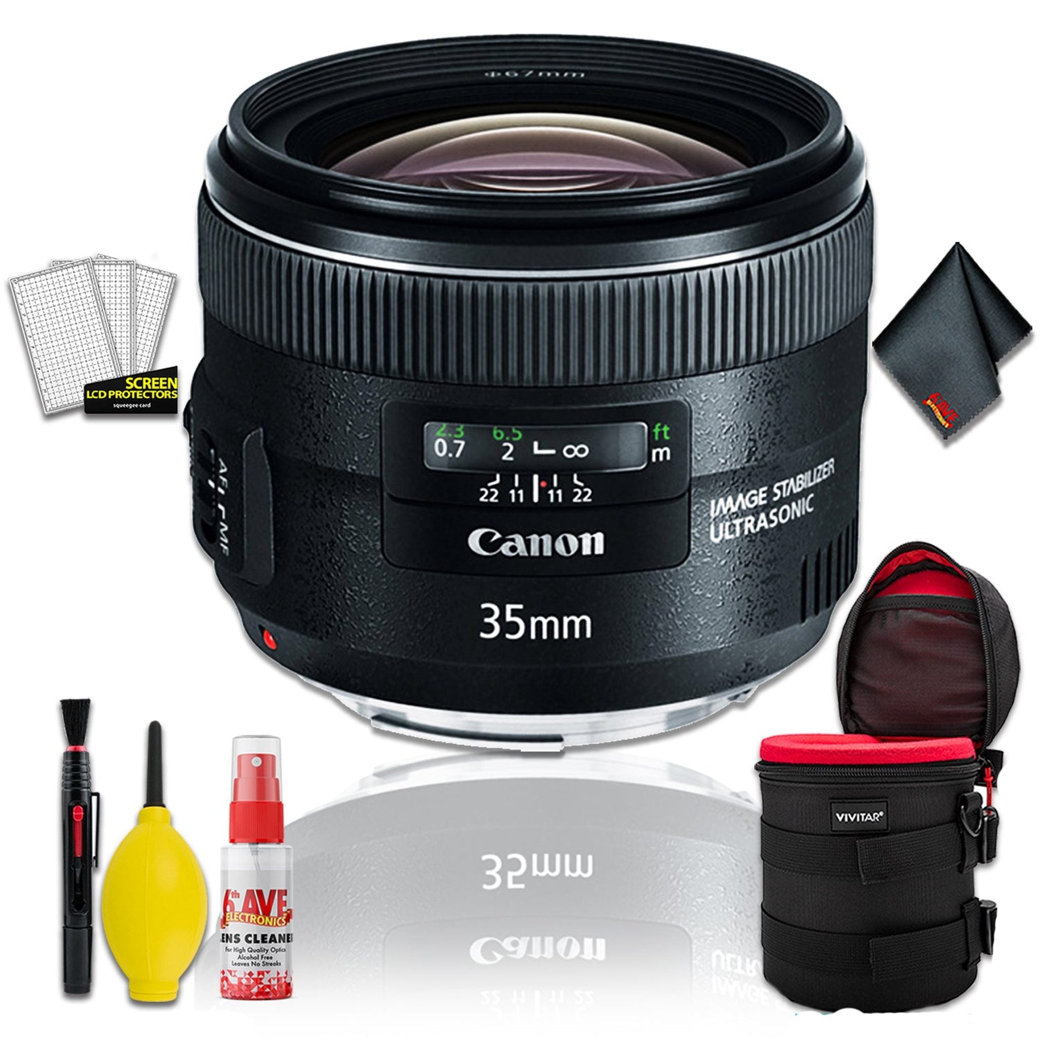 Canon EF 35mm f/2 IS USM Lens Intl Model w/ 4.5" Vivitar Premium Lens Case and Cleaning Kit Canon