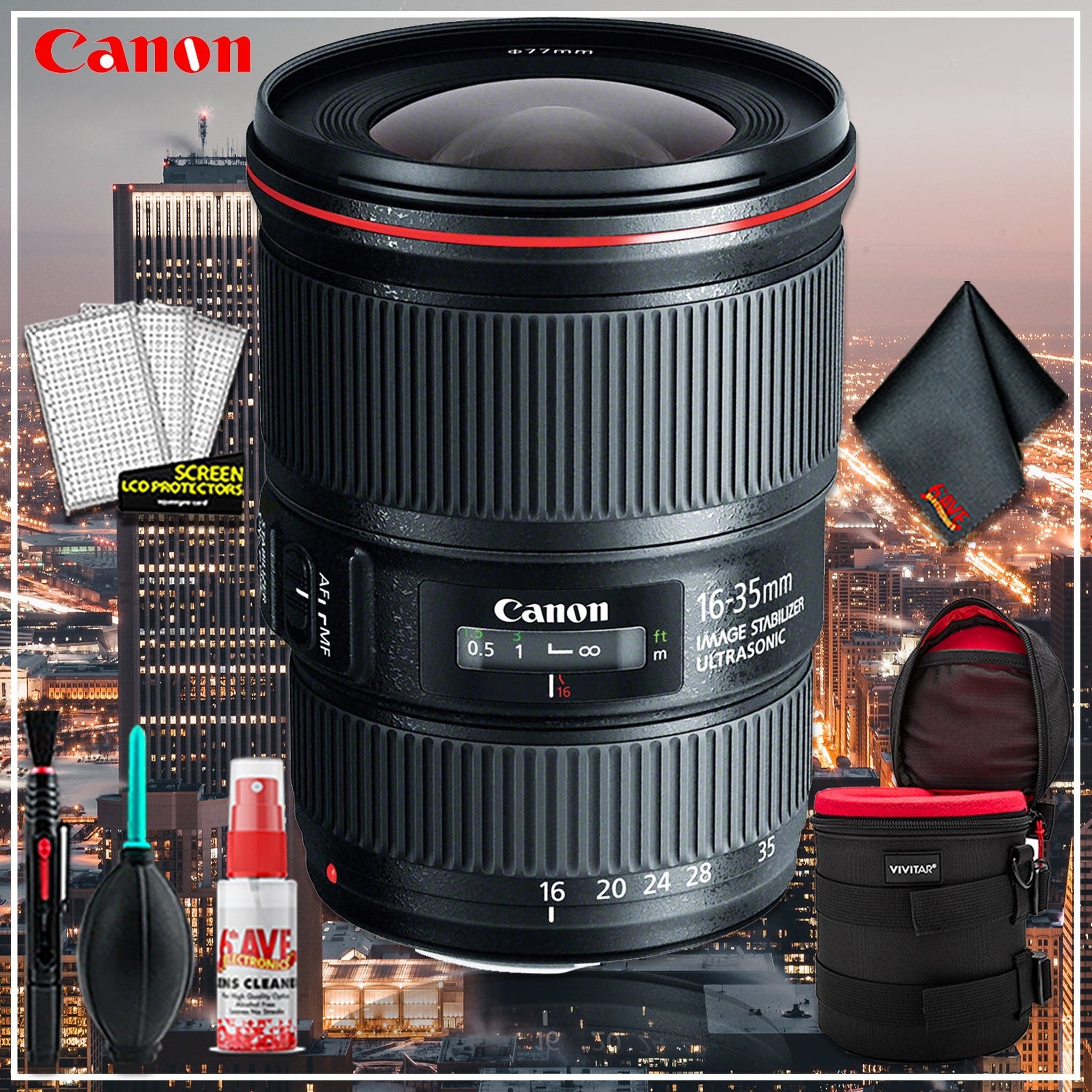 Canon EF 16-35 4.0 f/4 L IS USM Intl Model + 6 inch Vivitar Premium Lens Case + Cleaning Kit Canon