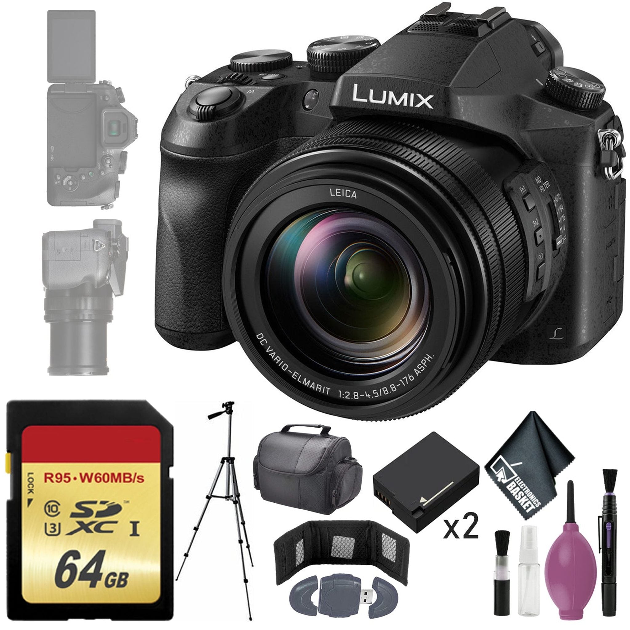 Panasonic Lumix DMC-FZ2500 Digital Camera - 64GB - Memory Card Wallet - Reader - Battery x2 - 72" Tripod - Case Panasonic