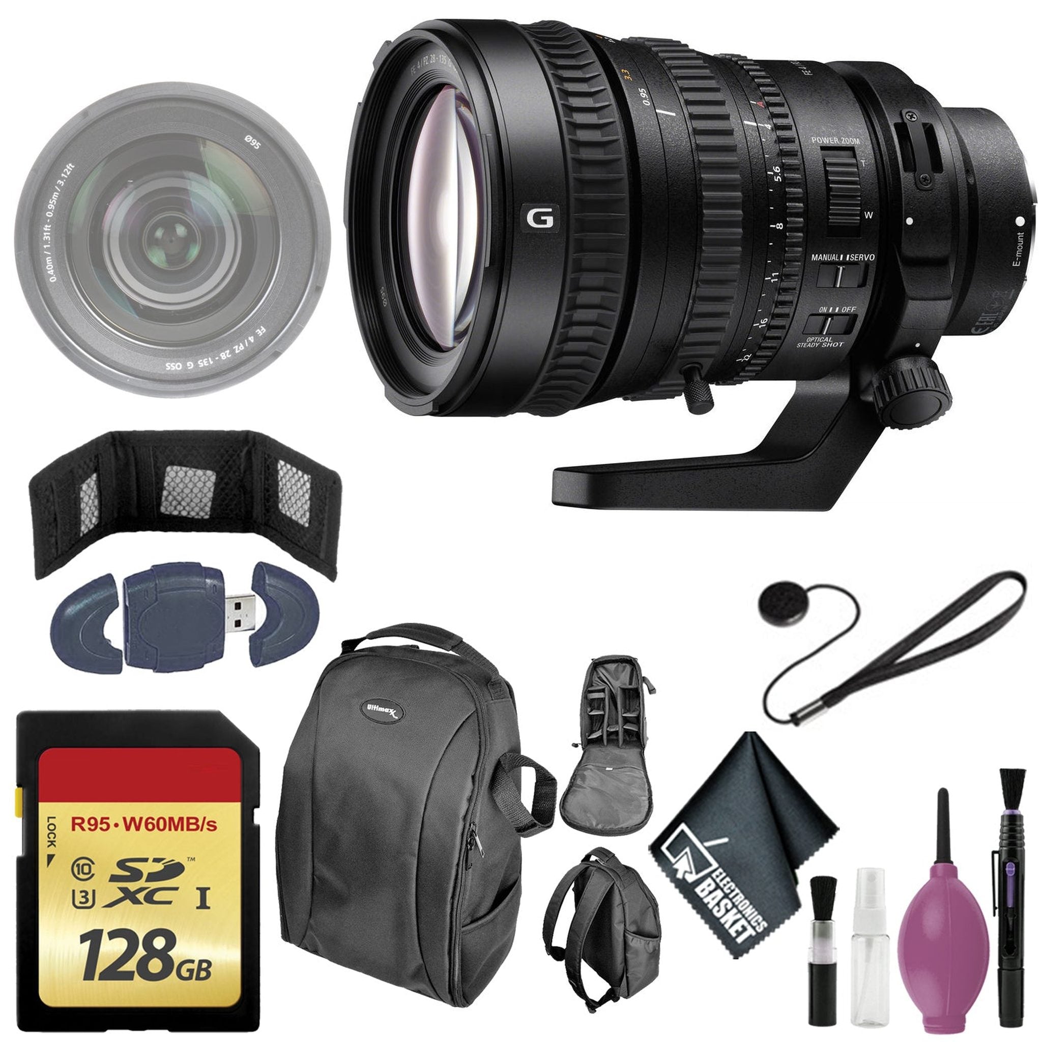 Sony FE PZ 28-135mm f/4 G OSS Lens - Lens Cap Keeper - Soft Padded Carrying Case - 128GB Card - Memory Card Reader & Wallet Sony