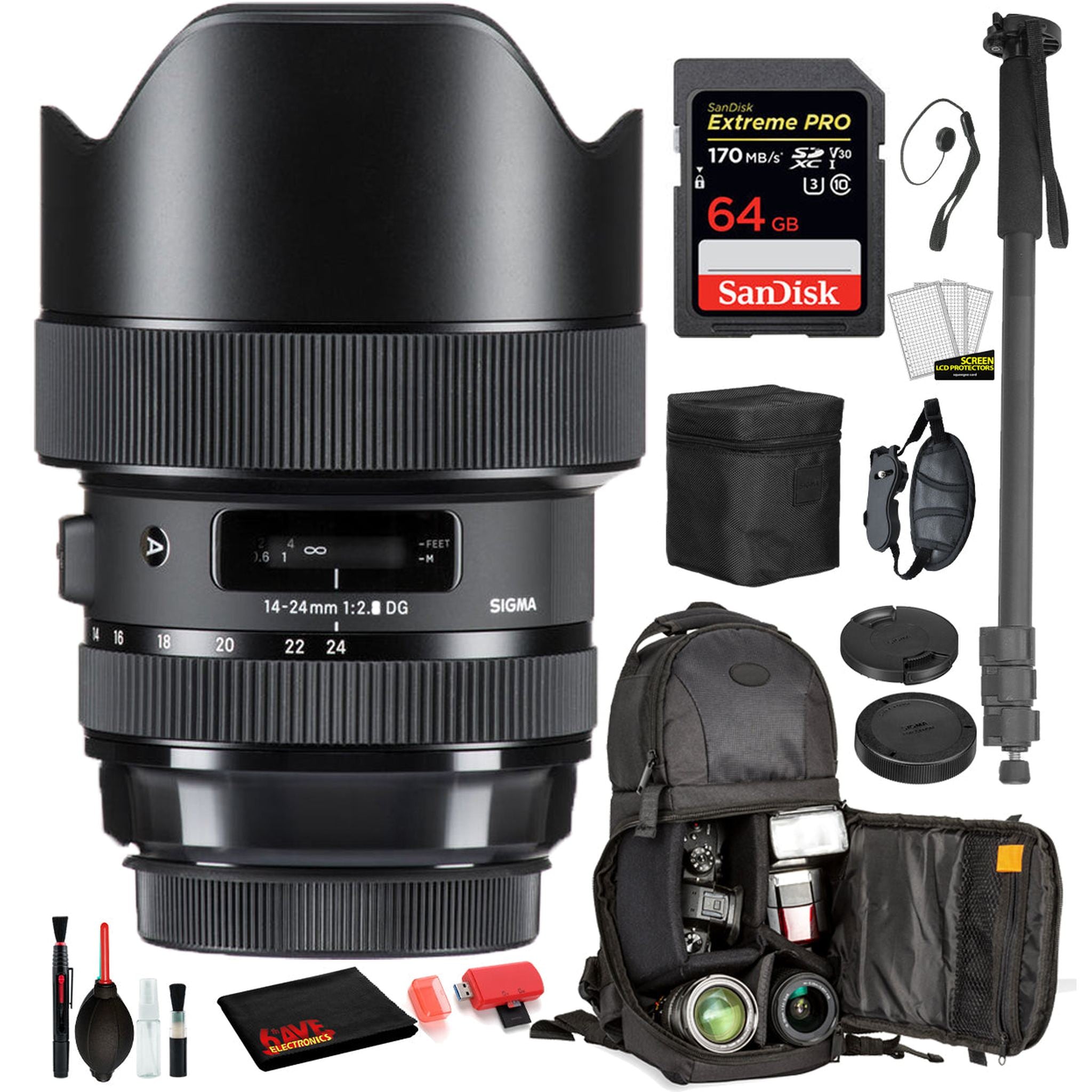Sigma 14-24mm f/2.8 DG HSM Art Lens for Canon EF with Bundle: Sandisk extreme Pro 64gb SD Card, Sling Backpack + More Sigma