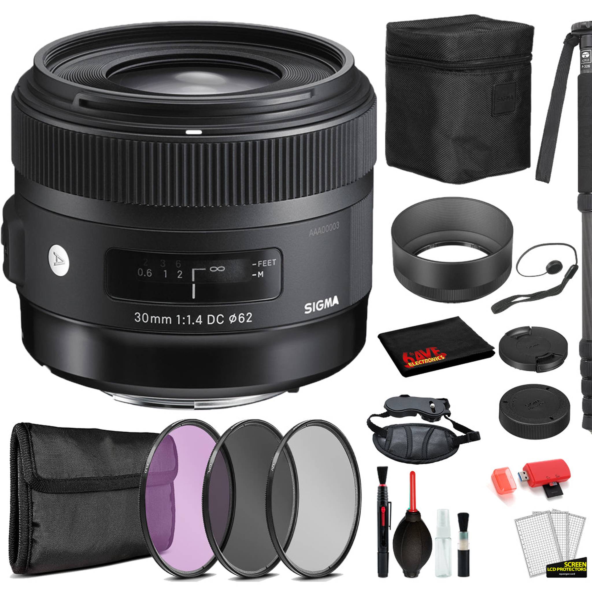 Sigma 30mm f/1.4 DC HSM Art Lens for Nikon F with Bundle Includes: Pro Series Monopod, 3PC Filter Kit + More Sigma