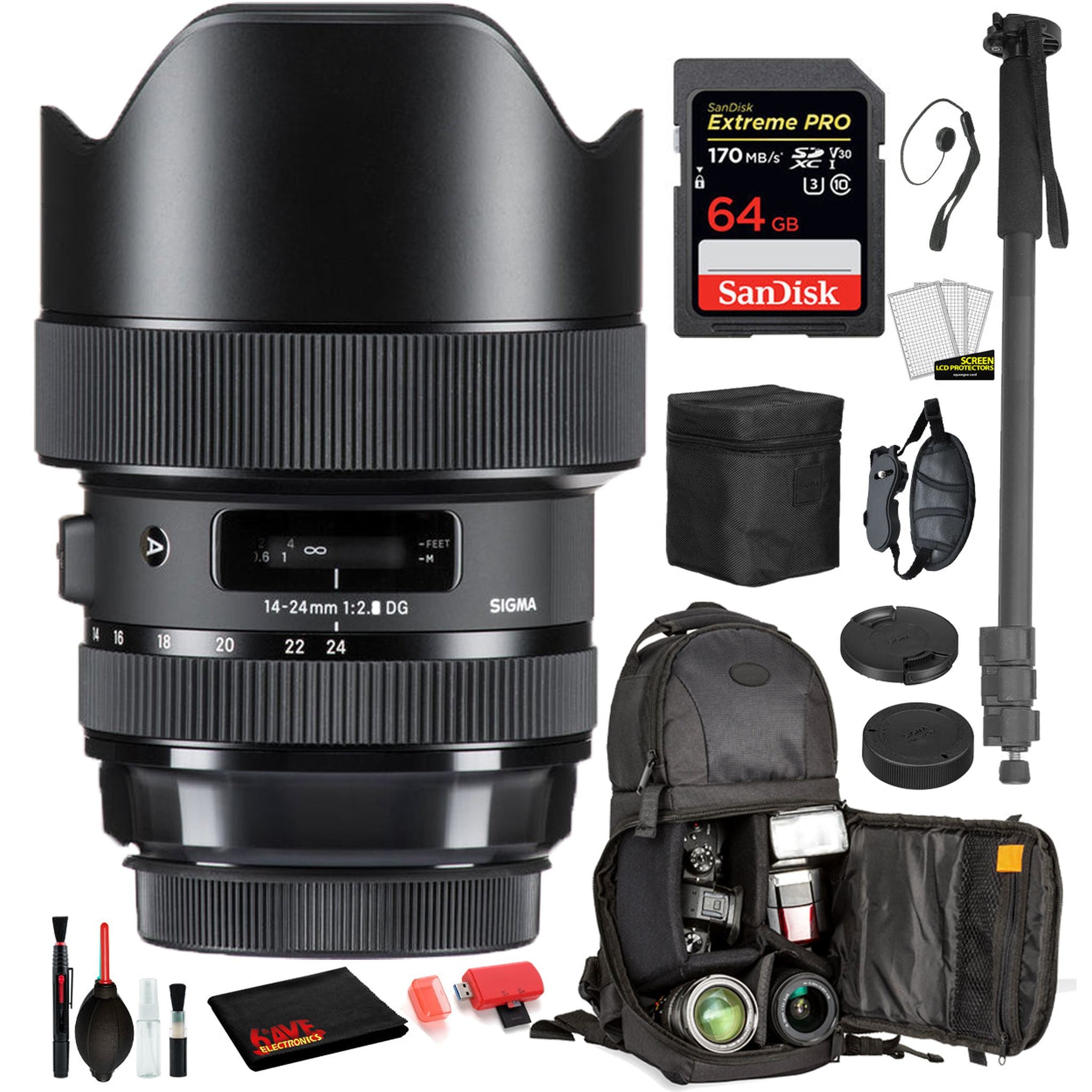 Sigma 14-24mm f/2.8 DG HSM Art Lens for Nikon F with Bundle: Sandisk extreme Pro 64gb SD Card, Sling Backpack + More Sigma