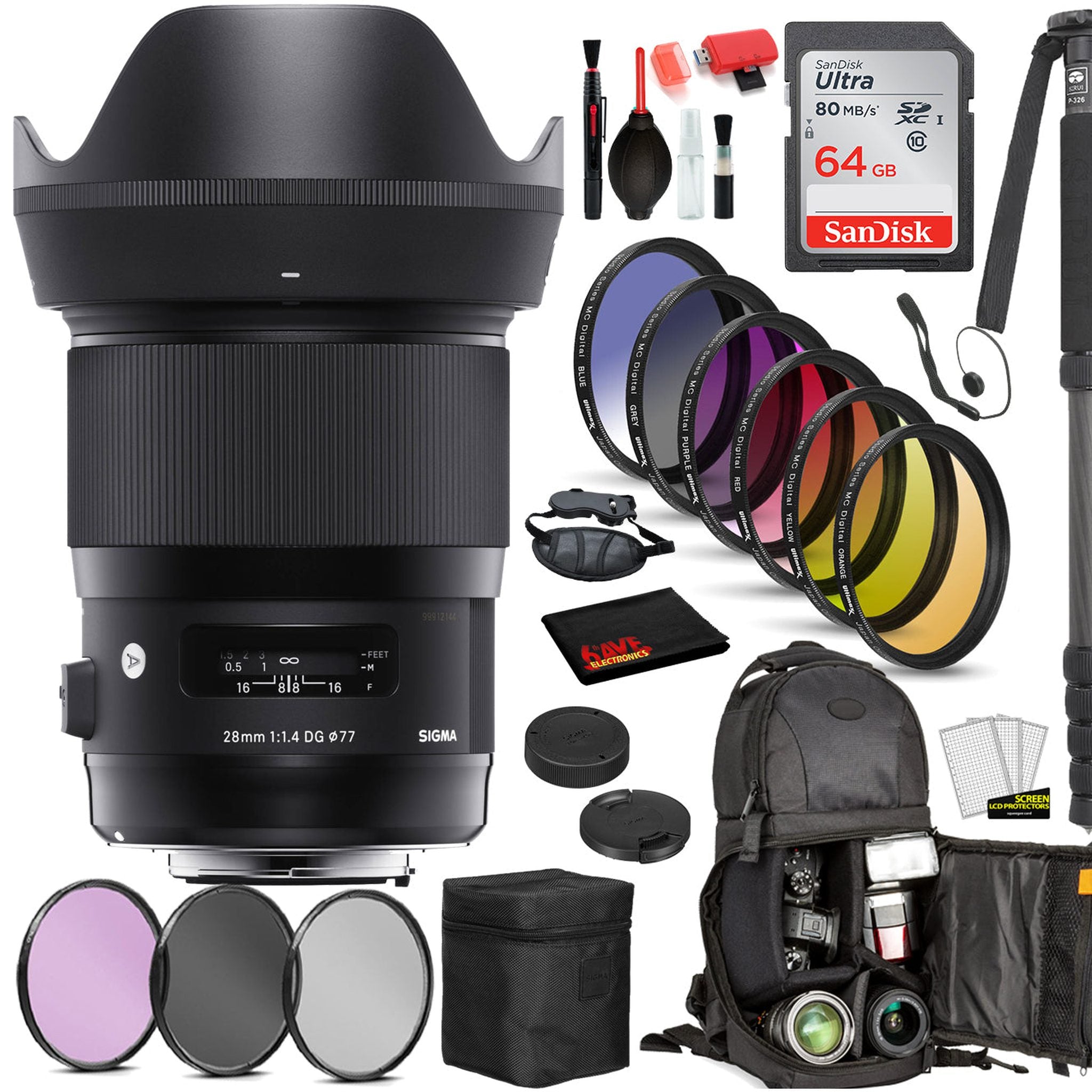 Sigma 28mm f/1.4 DG HSM Art Lens for NikonF with Bundle: Sandisk 64gb SD Card, 9PC Filter Kit + More Sigma