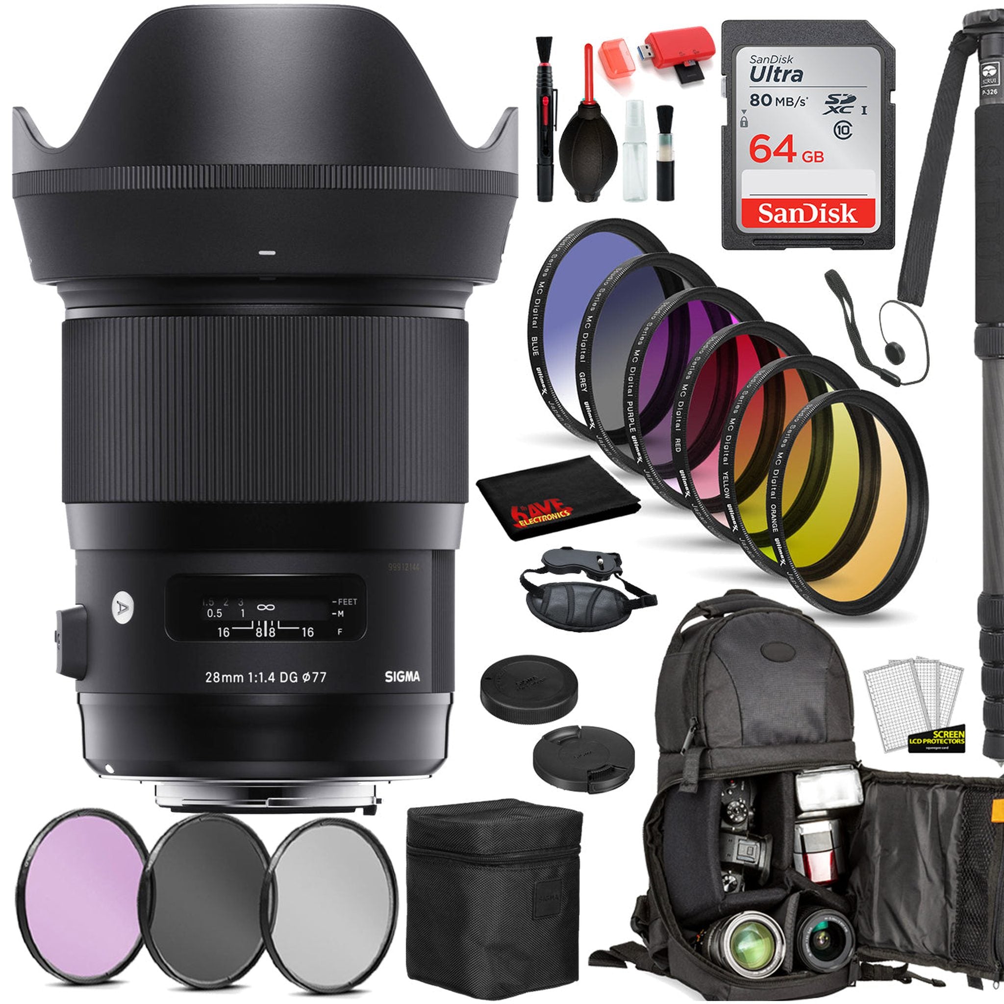 Sigma 28mm f/1.4 DG HSM Art Lens for Sony E Mount 441965 with: Sandisk 64gb SD Card, 9PC Filter Kit + More Sigma