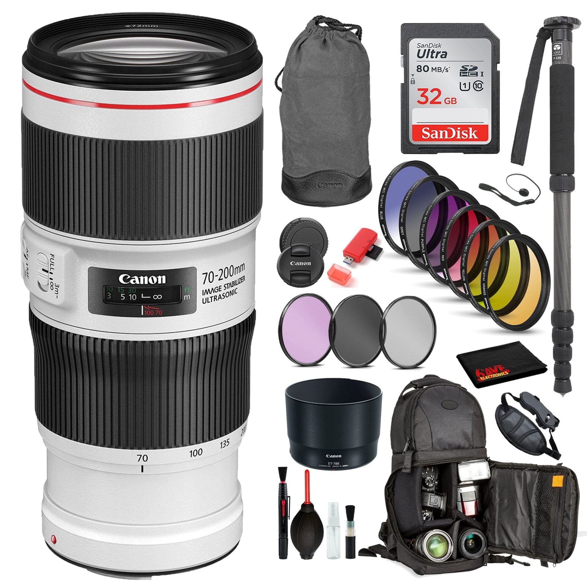 Canon EF 70-200mm f/4L IS II USM Lens 2309C002 with Bundle Includes: 9PC Filter Kit, Sandisk 32GB SD + More Canon