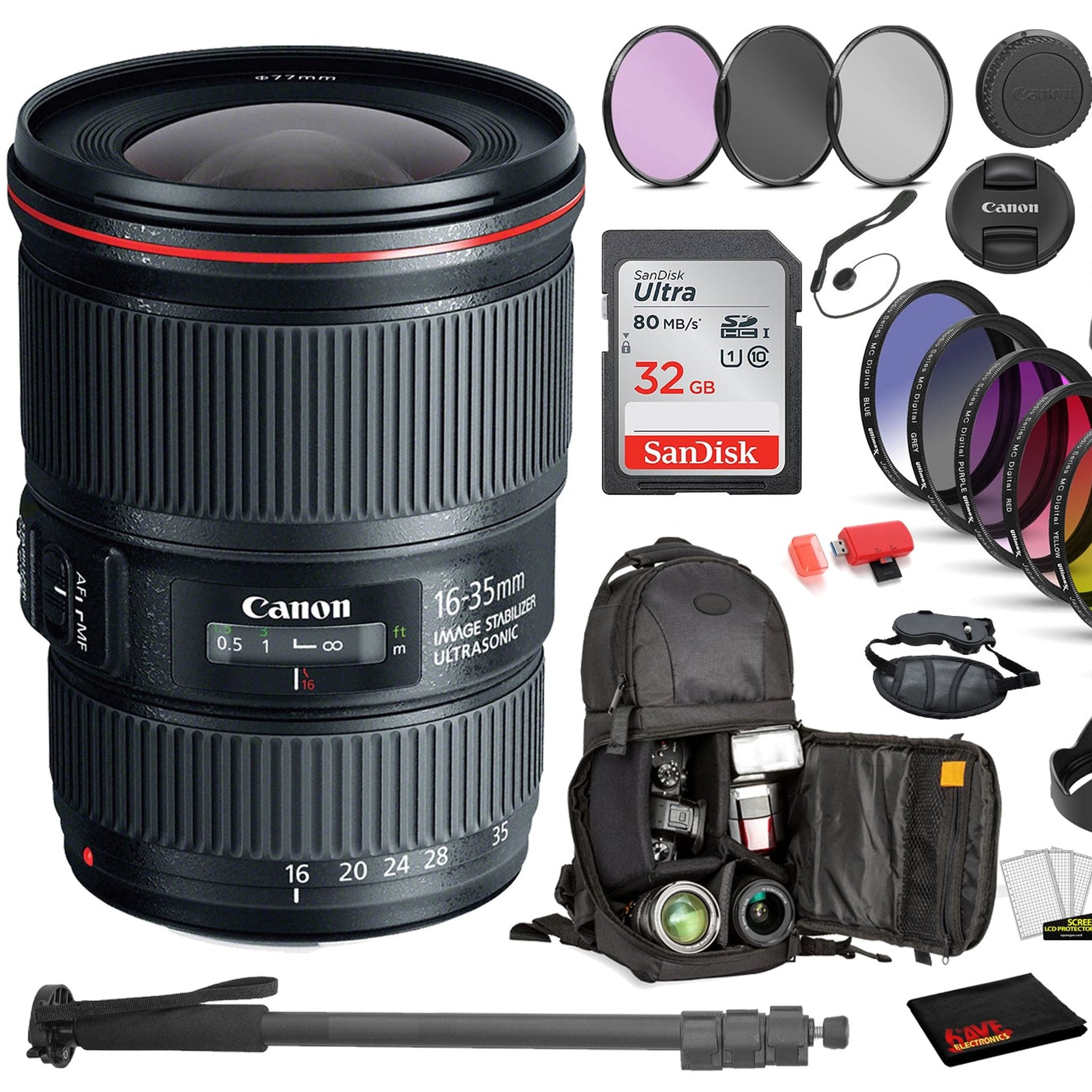 Canon EF 16-35mm f/4L IS USM Lens 9518B002 with Bundle Includes: 9PC Filter Kit, Sandisk 32GB SD + More Canon
