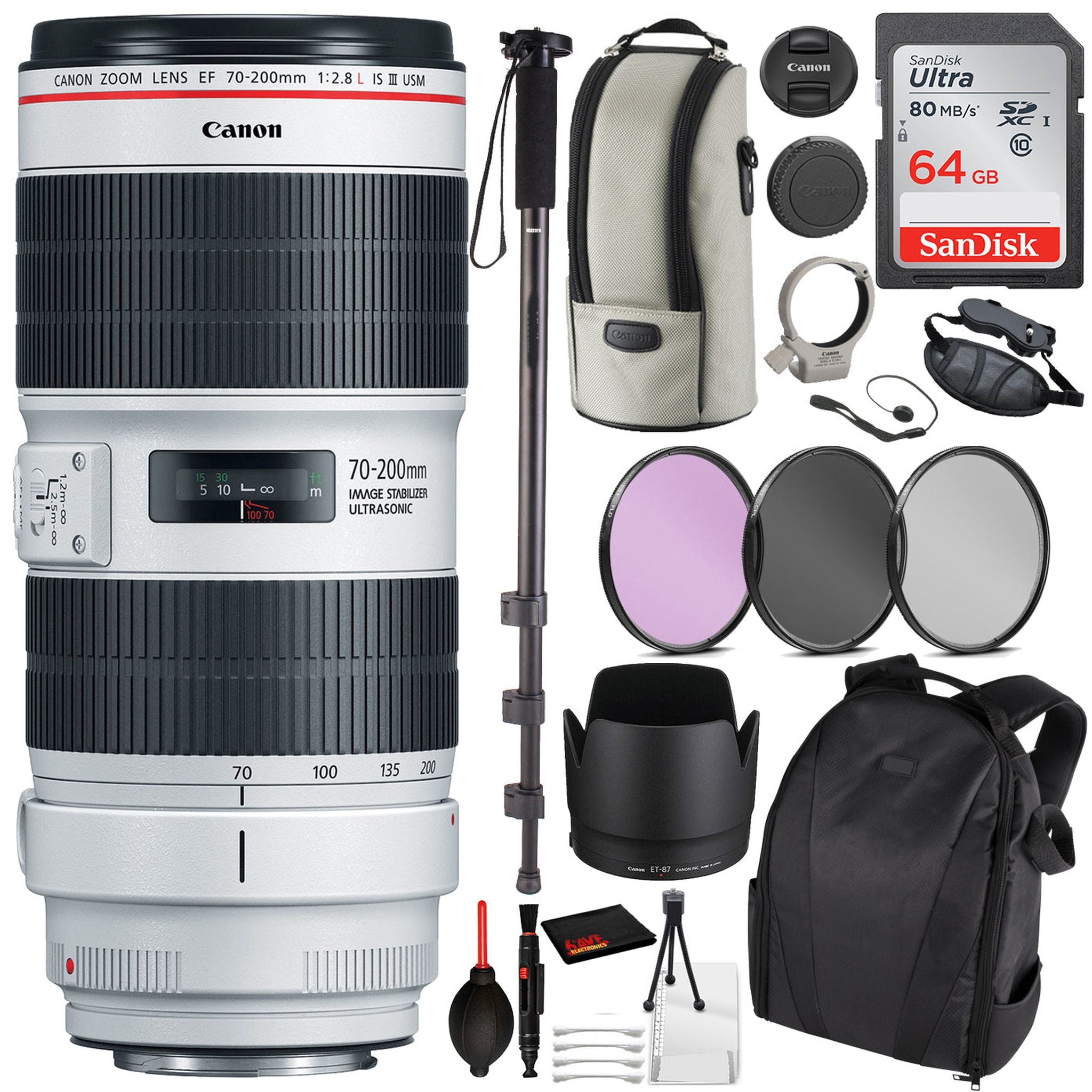 Canon EF 70-200mm f/4L IS II USM Lens 2309C002 Essential Bundle Kit for Canon EOS - International Model No Warranty Canon