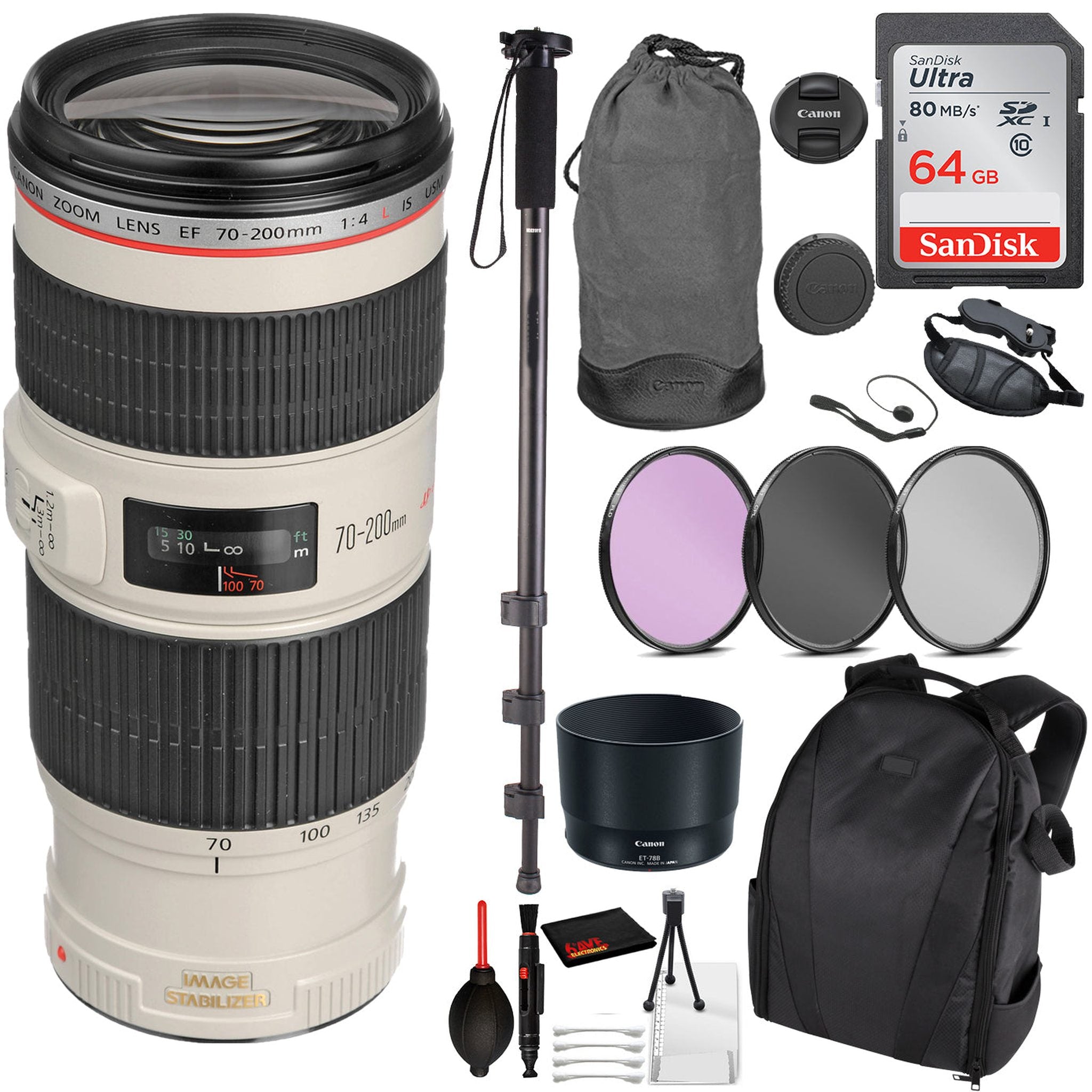 Canon EF 70-200mm f/4L IS USM Lens 1258B002 Essential Bundle Kit for Canon EOS - International Model No Warranty Canon