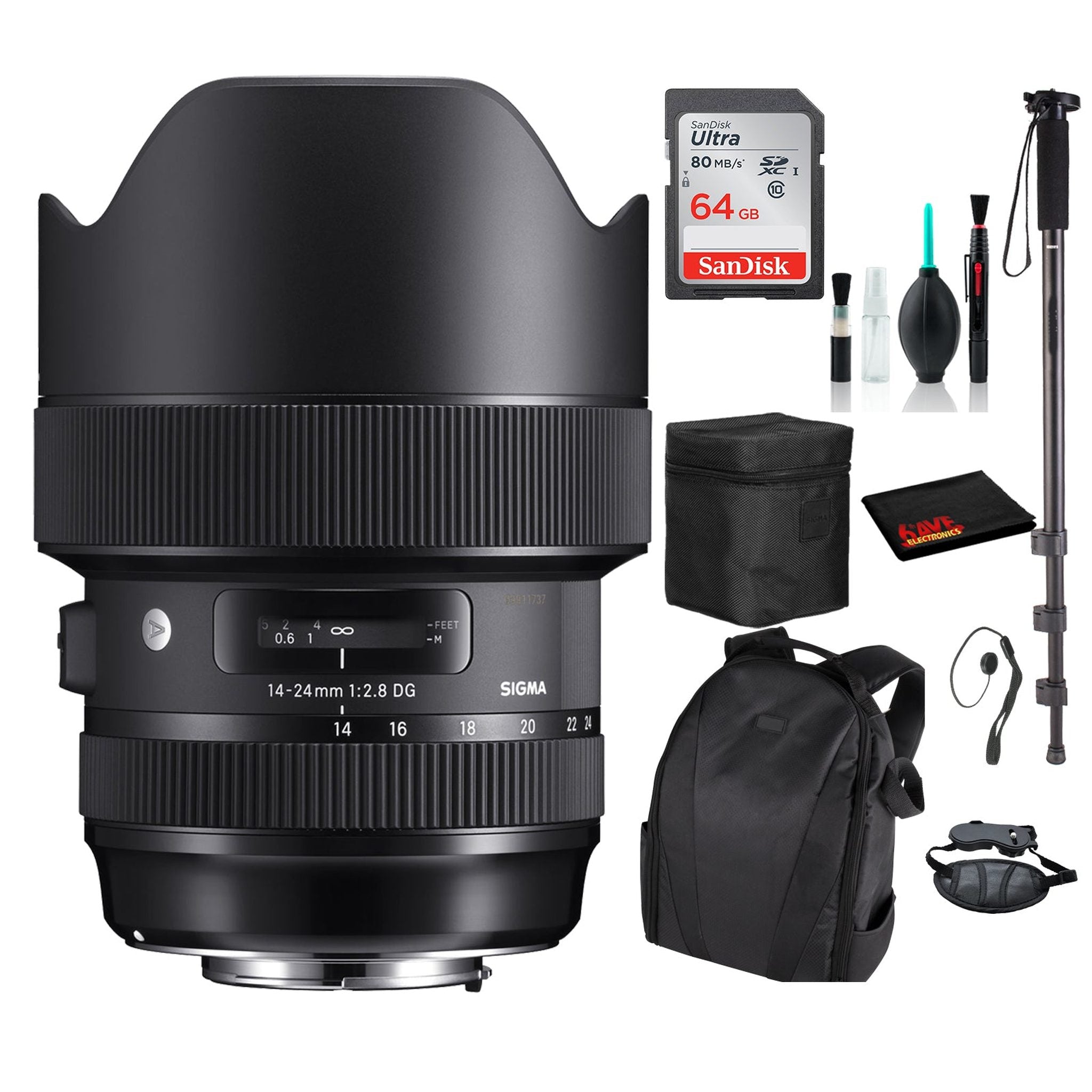 Sigma 14-24mm f/2.8 DG HSM Art Lens for Nikon F with Advance Bundle: Backpack + Sandisk 64gb SD+ More Sigma
