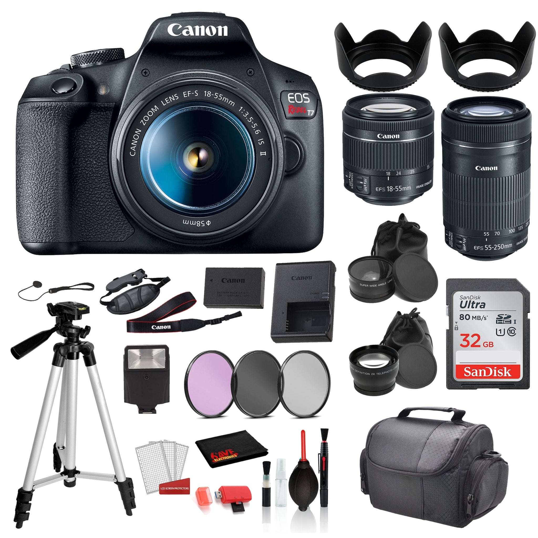Canon EOS Rebel T7 Digital SLR Camera with 18-55mm Lens and EF-S 55-250mm SanDisk 32gb SD + 3PC Filter + MORE Canon