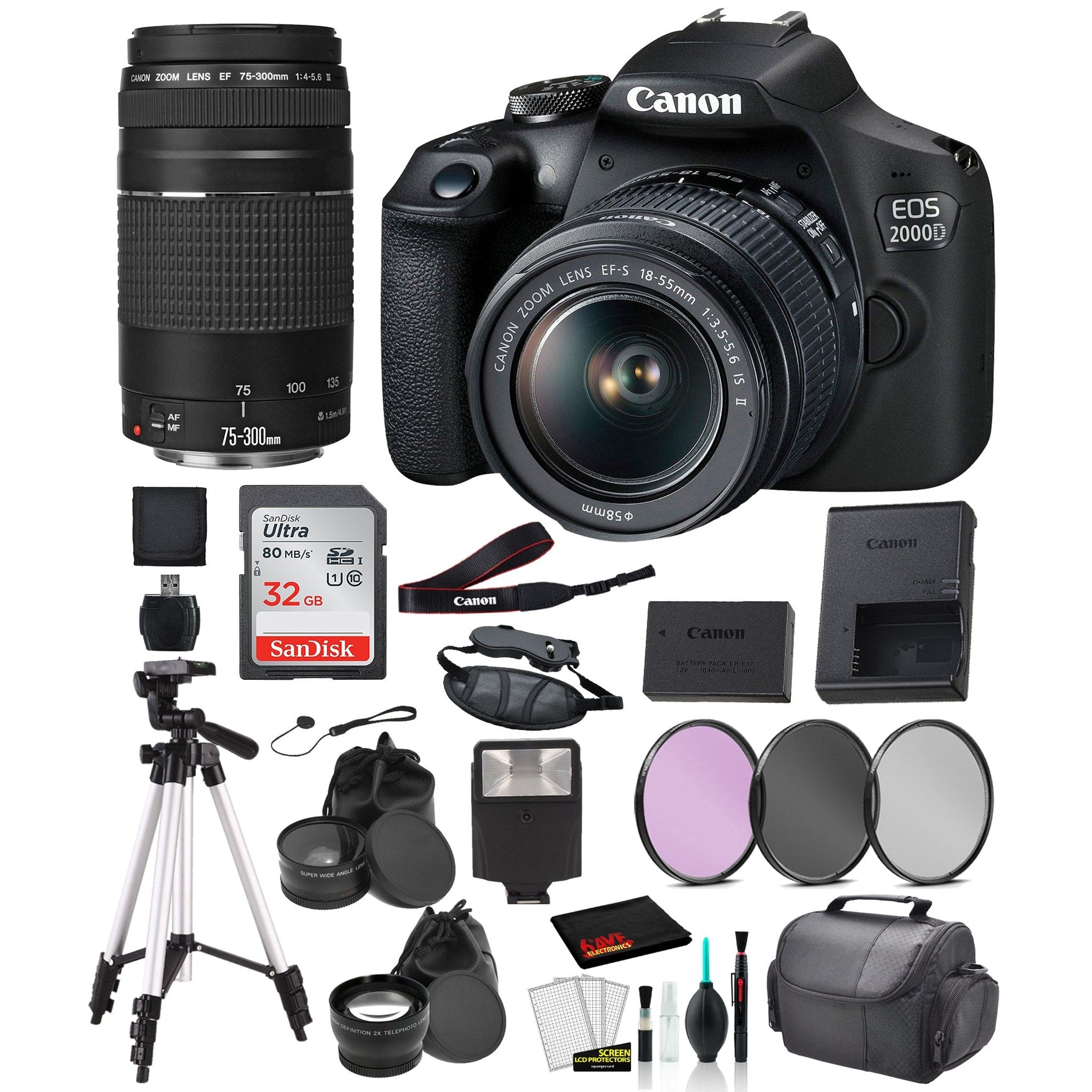 Canon EOS 2000D REBEL T7 DSLR Camera 18-55MM IS ii and EF 73-300mm Lens Bundle �SanDisk 32gb + MORE - International Canon