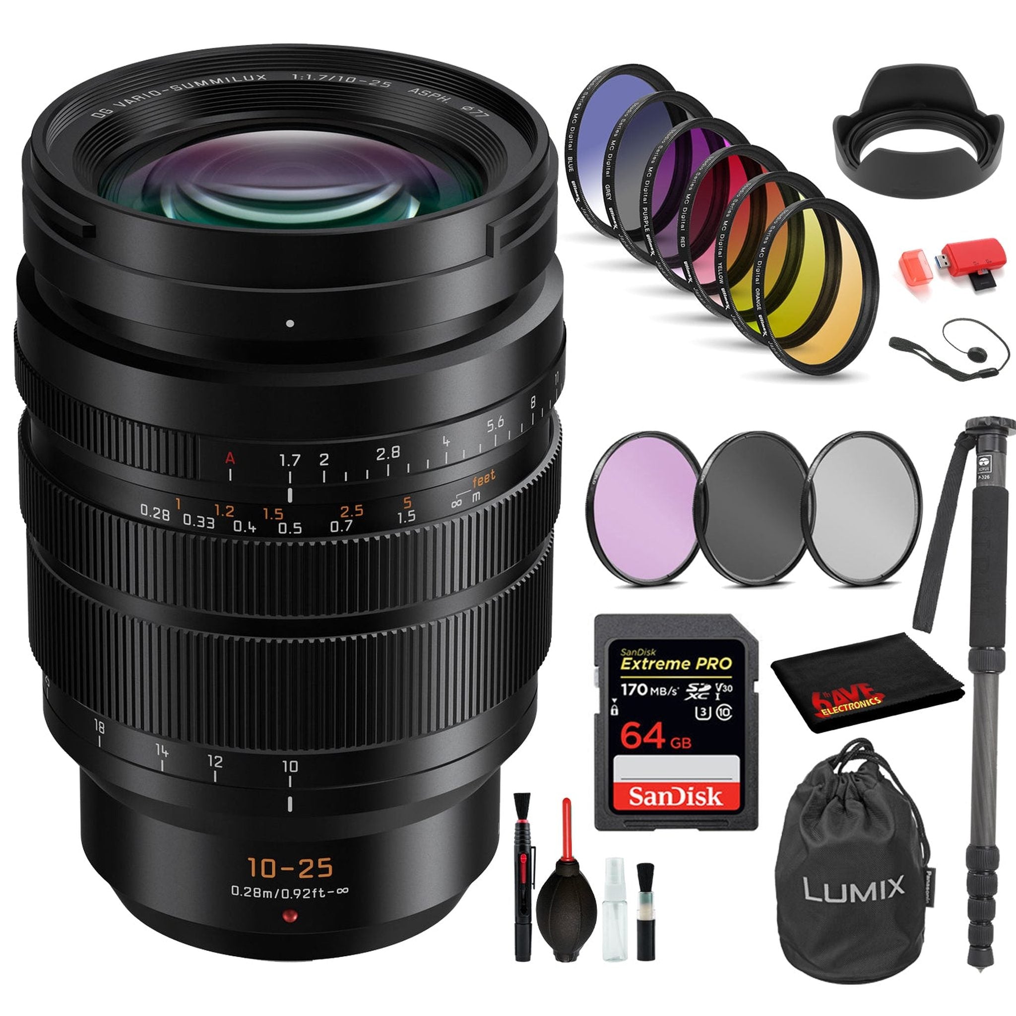 Panasonic Leica DG Vario-Summilux 10-25mm f/1.7 ASPH. Lens with: Sandisk Extreme Pro 64GB SD Card, 9PC Filter Kit + More Panasonic