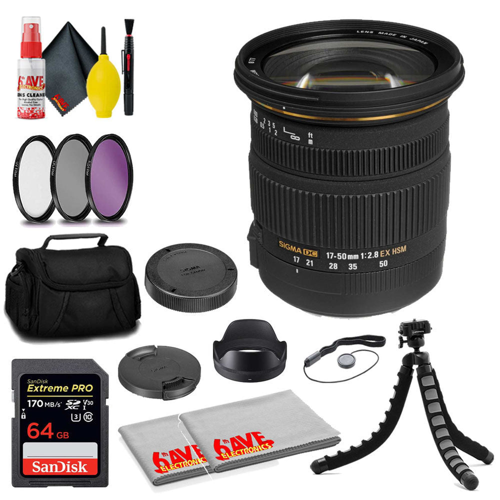 Sigma 17-50mm f/2.8 EX DC OS HSM Lens for Canon EF + 64GB Card + MORE Sigma
