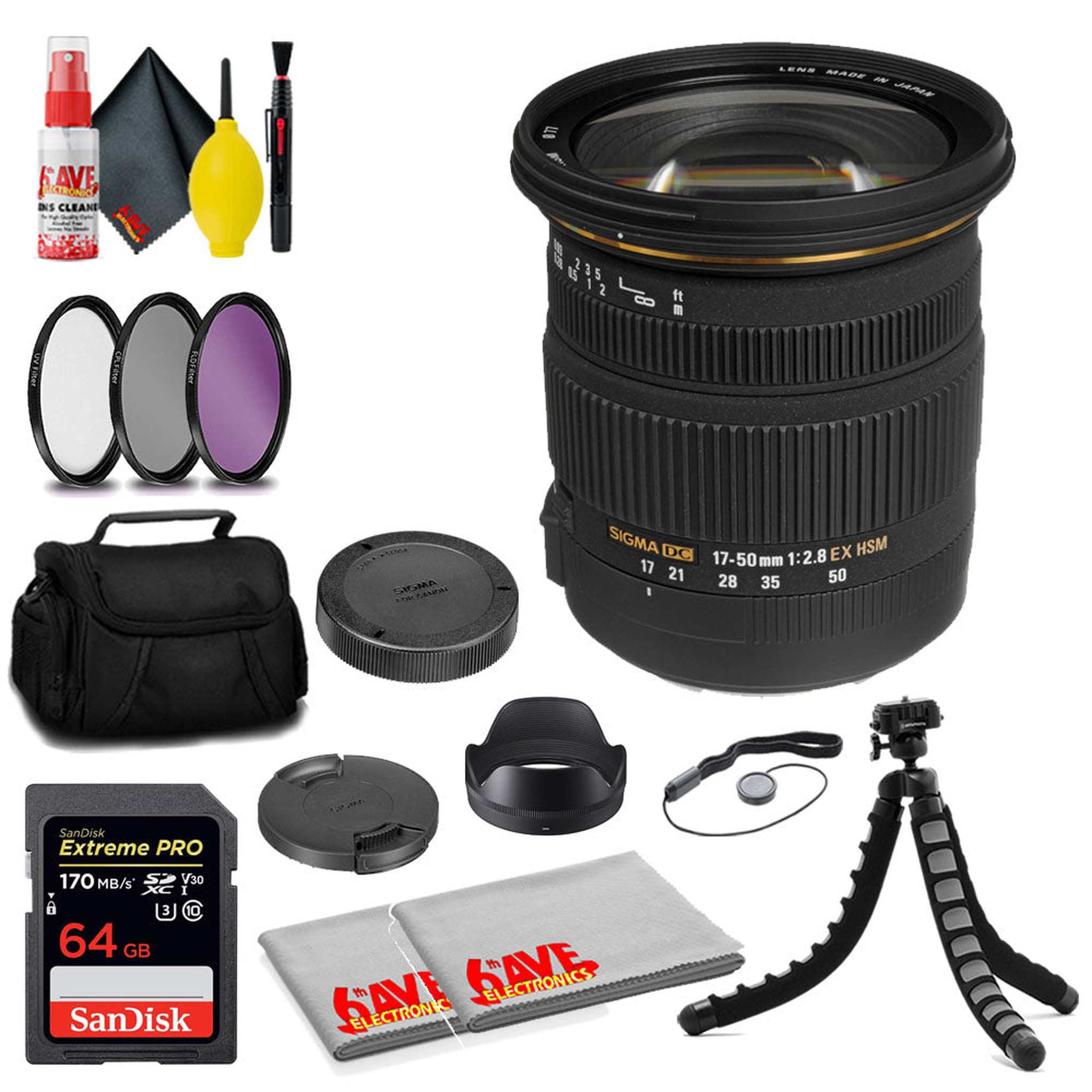 Sigma 17-50mm f/2.8 EX DC OS HSM Lens for Canon EF + 64GB Card + MORE Sigma