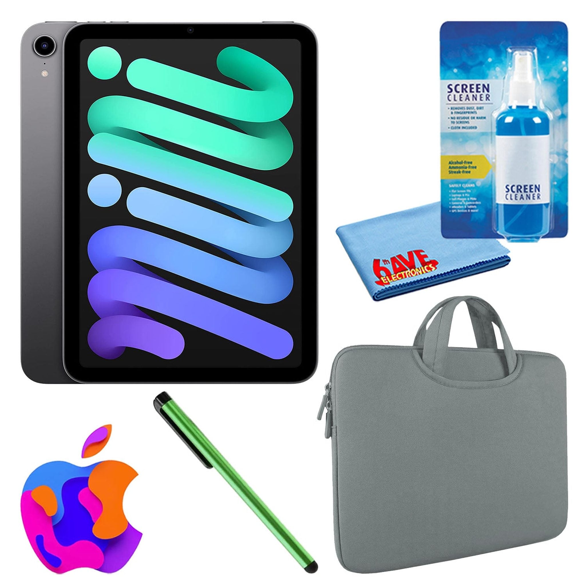 Apple iPad Mini 6 64GB, Cellular, Space Gray Bundle with Zipper Sleeve Apple