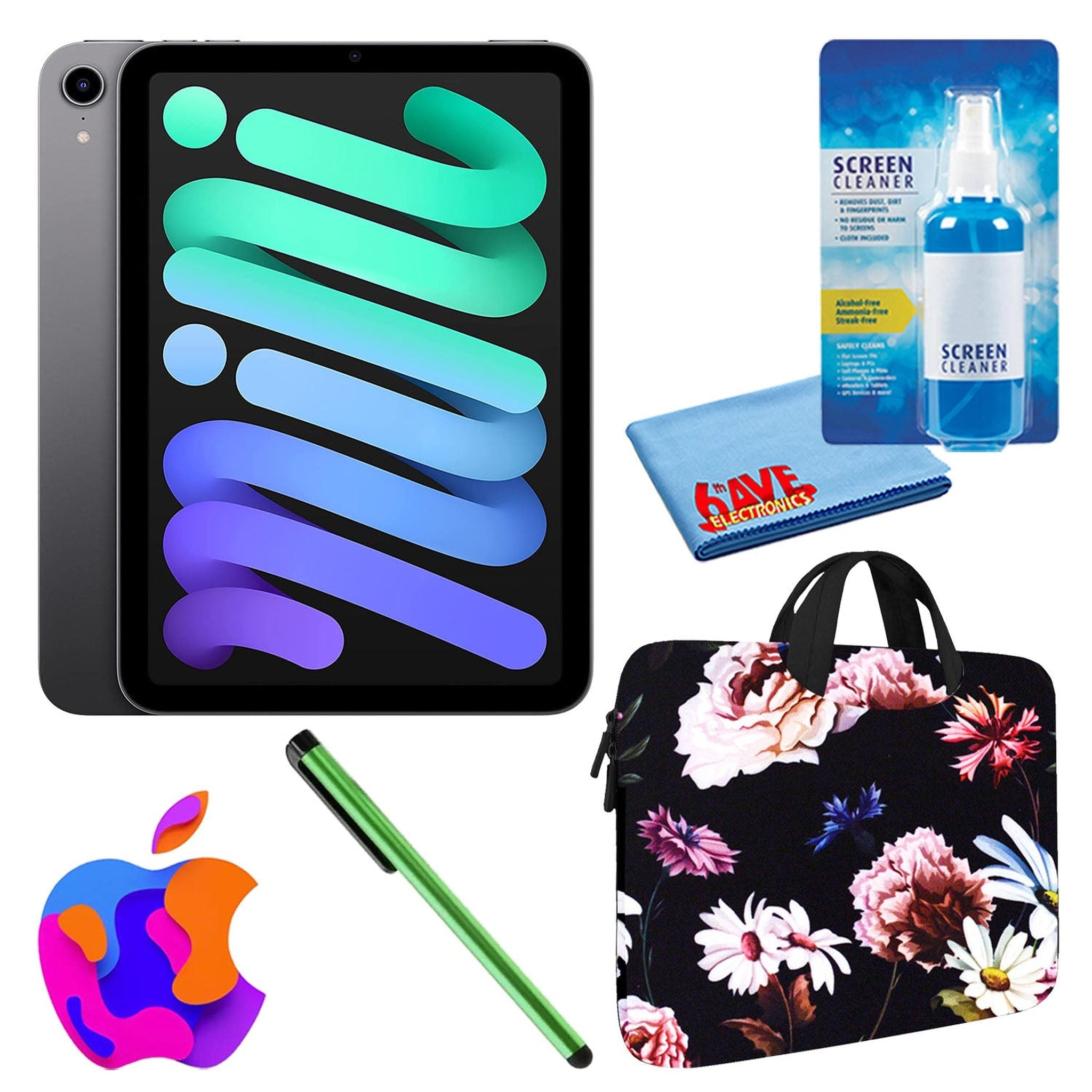 Apple iPad Mini 6 64GB, Cellular, Space Gray Bundle with Black Floral Sleeve Apple