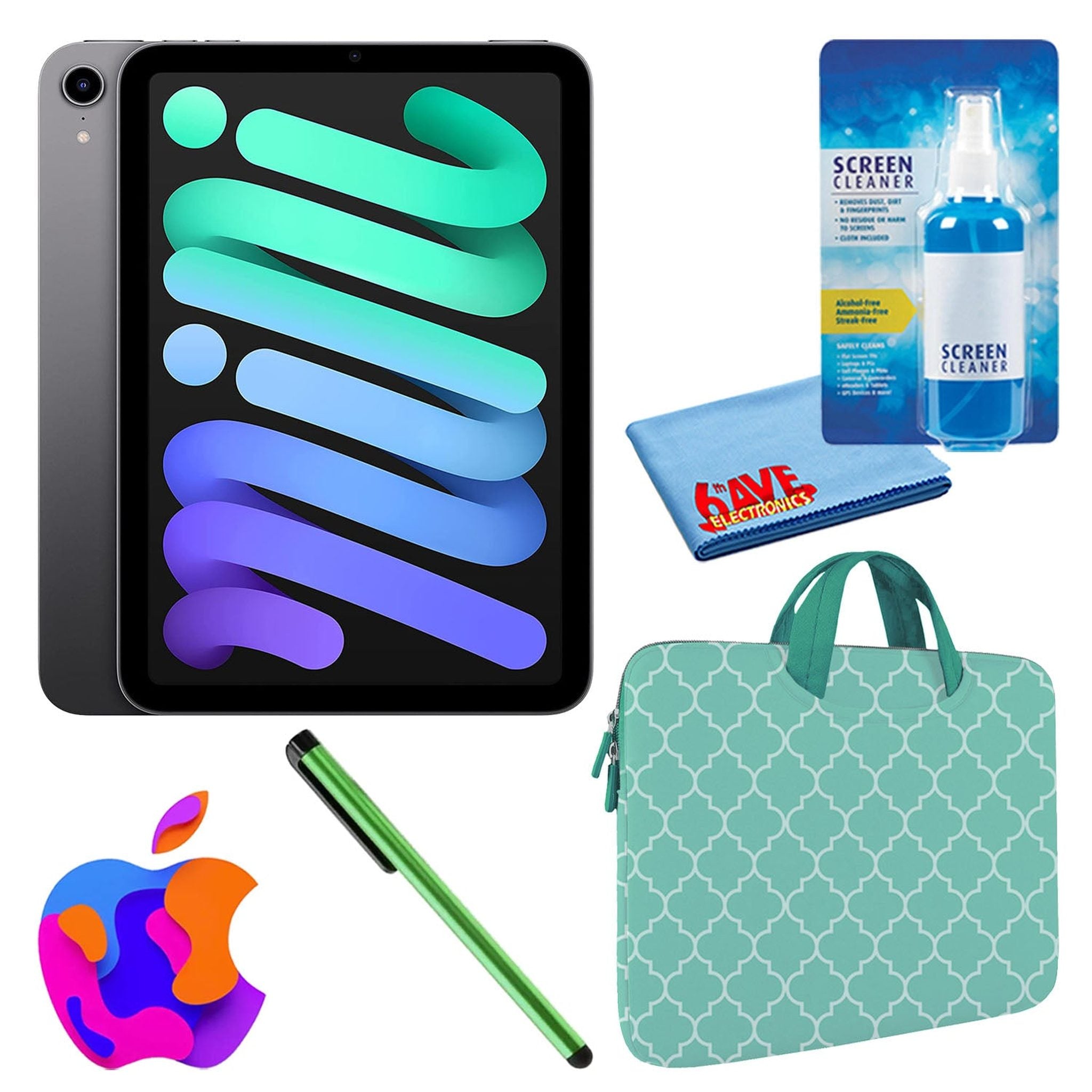 Apple iPad Mini 6 64GB, Cellular, Space Gray Bundle with Mint Moroccan Sleeve Apple